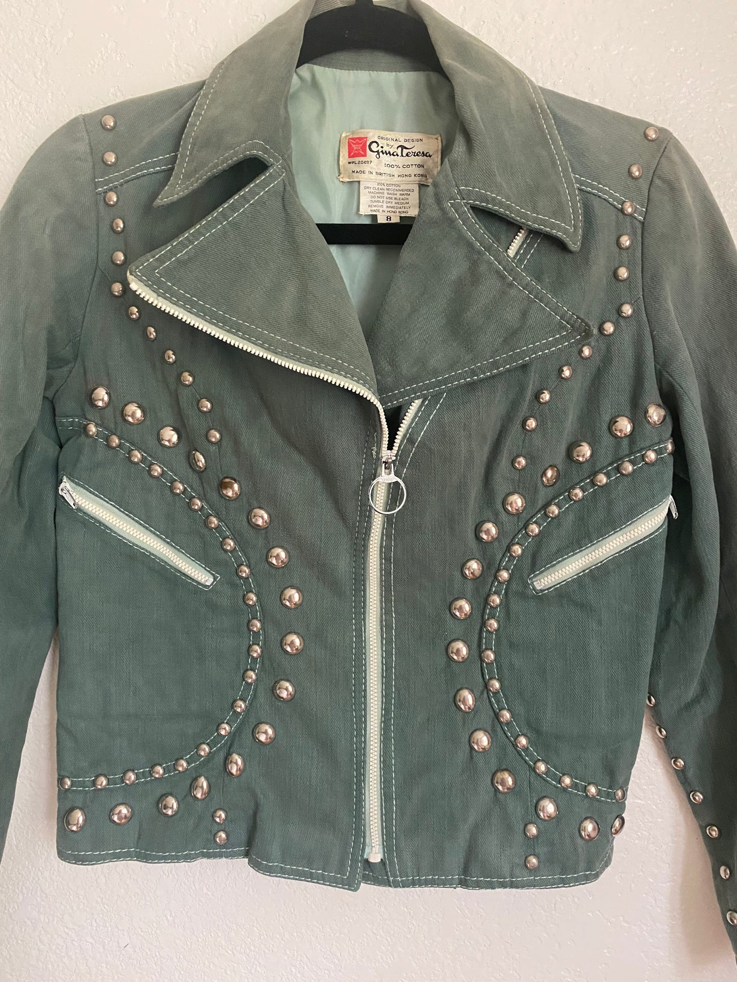 1970s Gina Teresa Studded Roncelli Style Green Denim Jacket