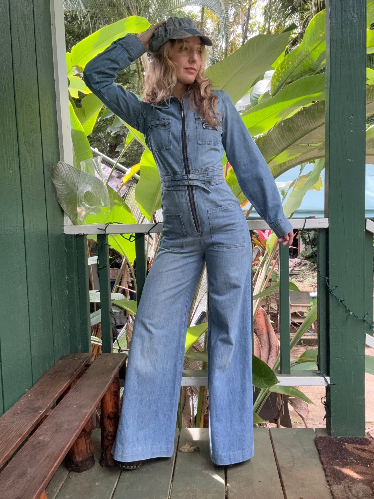1970s Long Sleeve Bell Bottom Denim Jumpsuit Mr Berrie