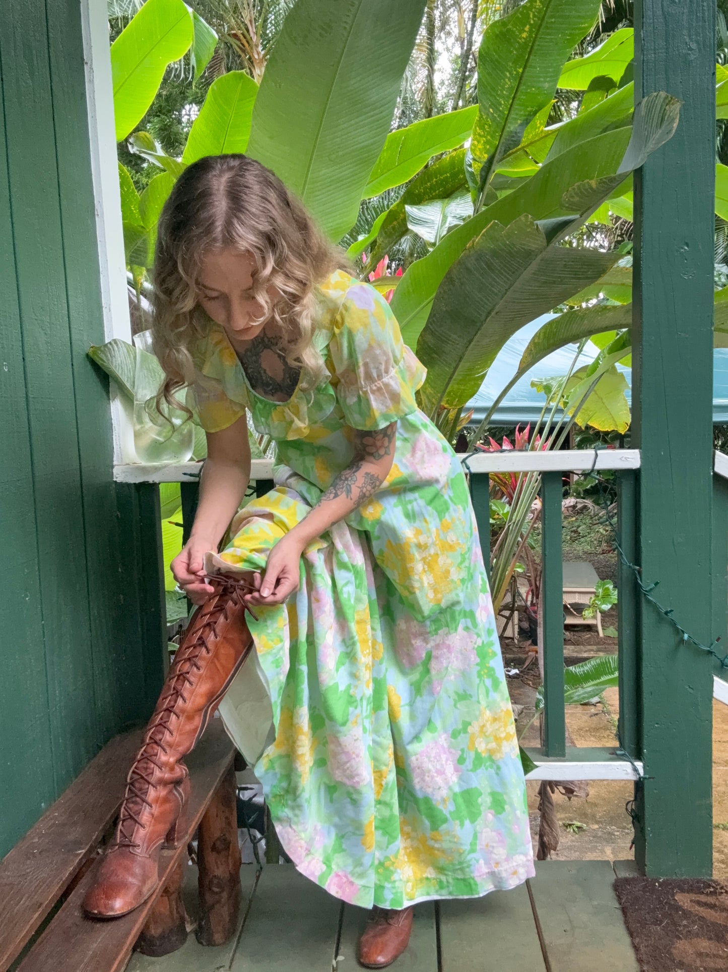 1970s Spring Floral Cotton floor-length Prairie Dress XS/Small