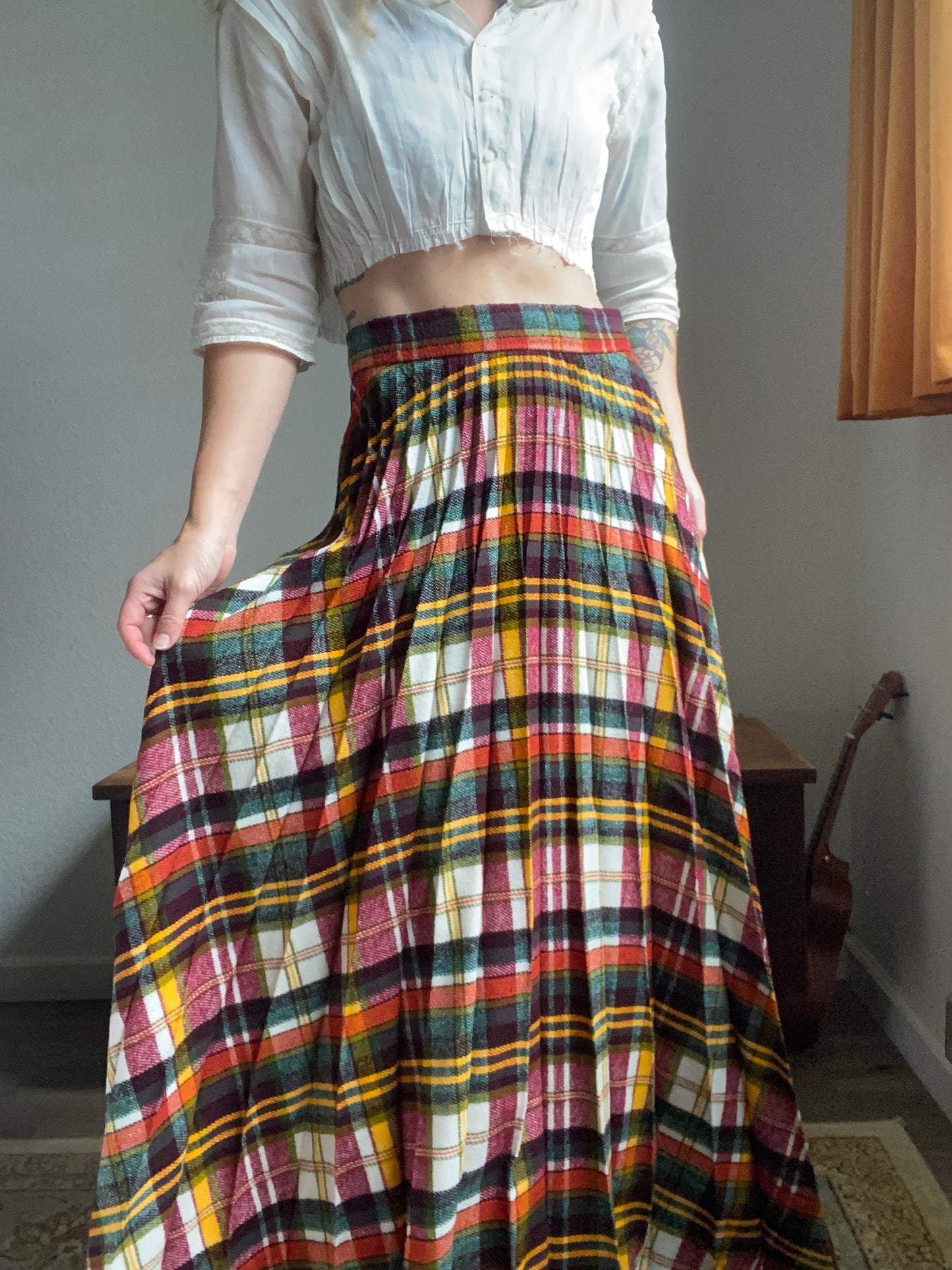 1970s Plaid Pleated Wool Maxi Skirt 27” waist