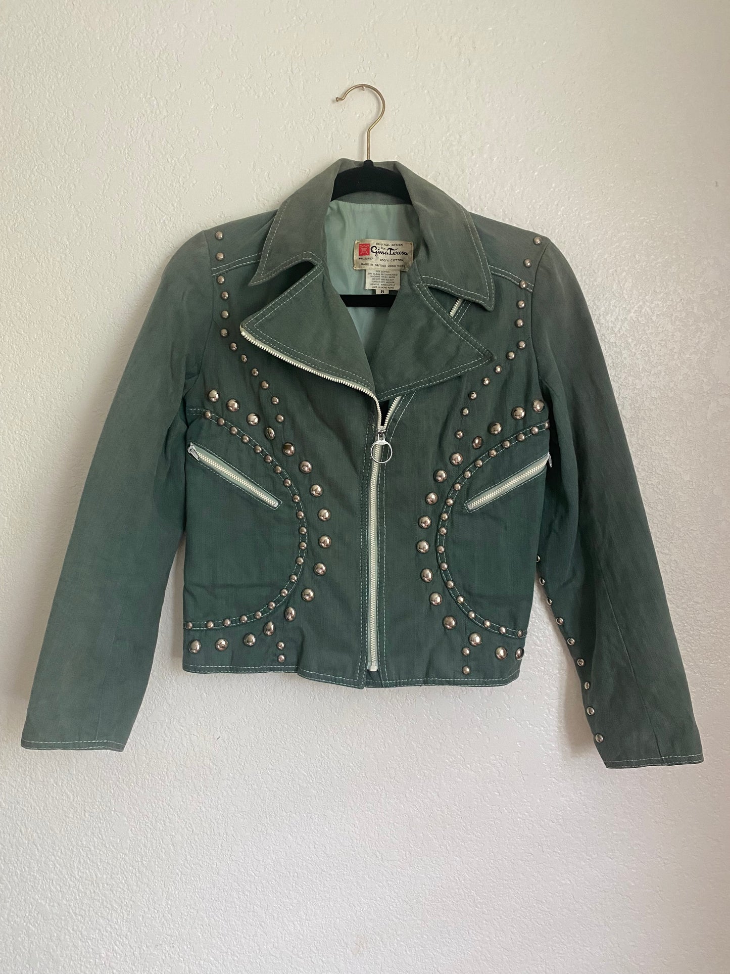 1970s Gina Teresa Studded Roncelli Style Green Denim Jacket