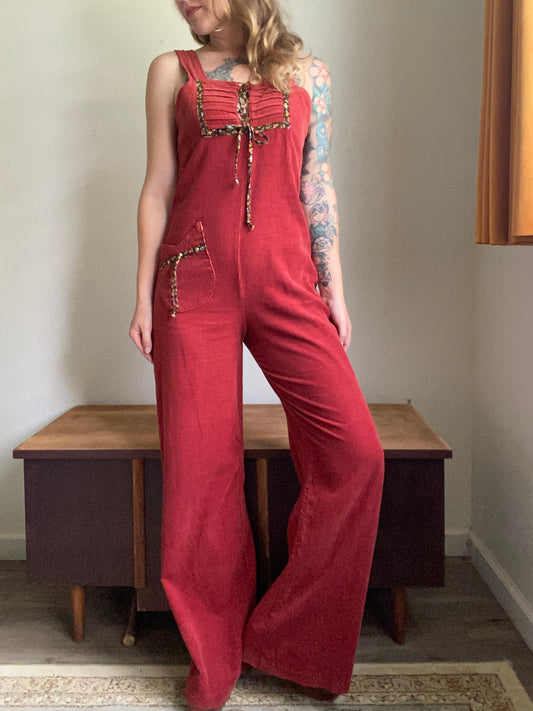 1970s Burgundy Corduroy Jumpsuit