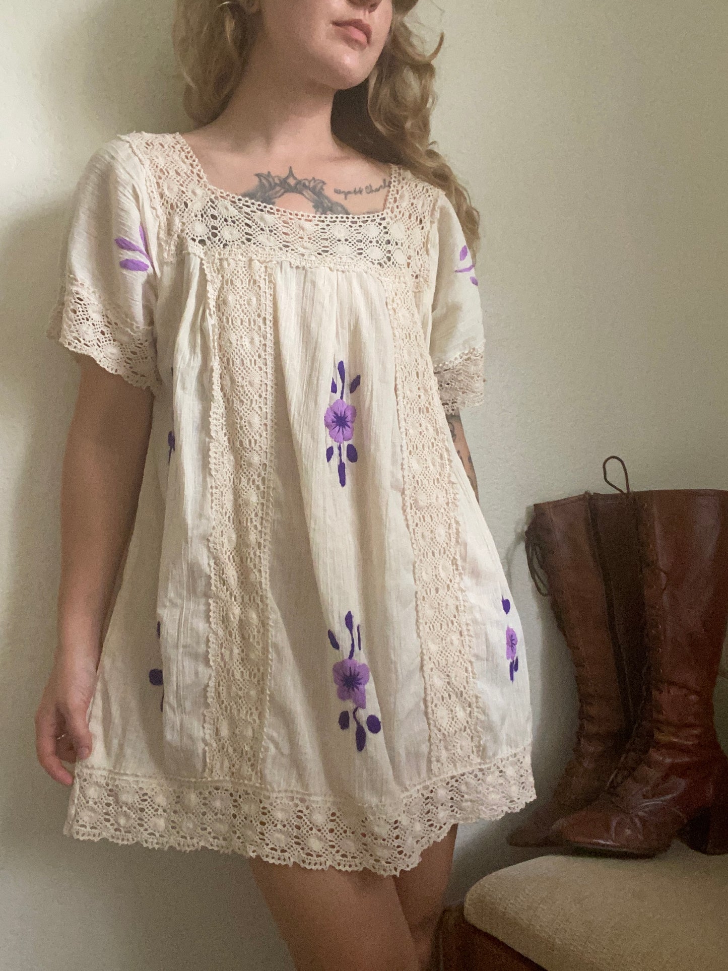 1970s Gauze Cotton Floral Embroidered Mini Dress