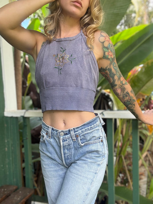 1970s flower embroidery cotton halter top