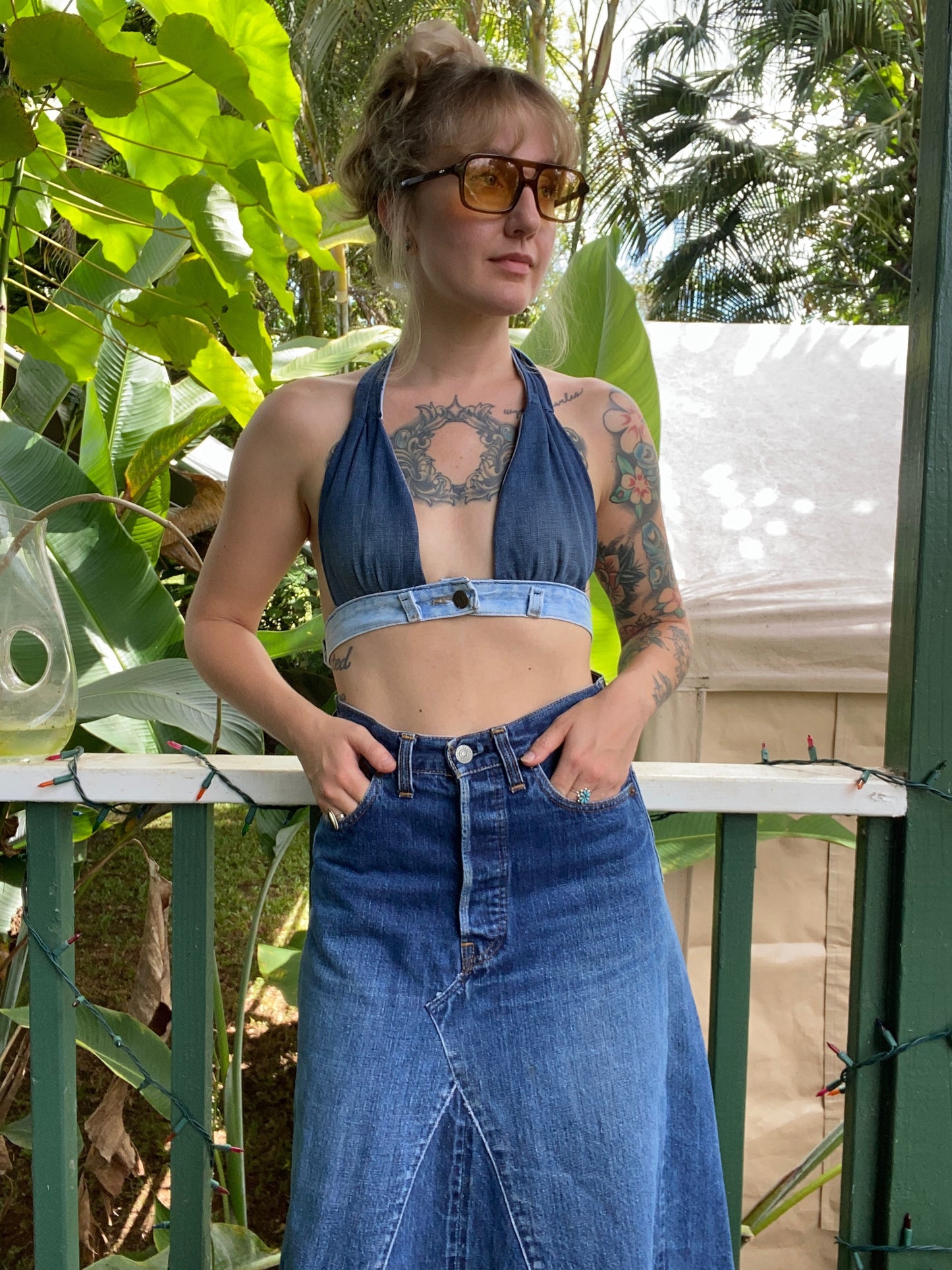 Hand made 1970s style denim halter top bra xs