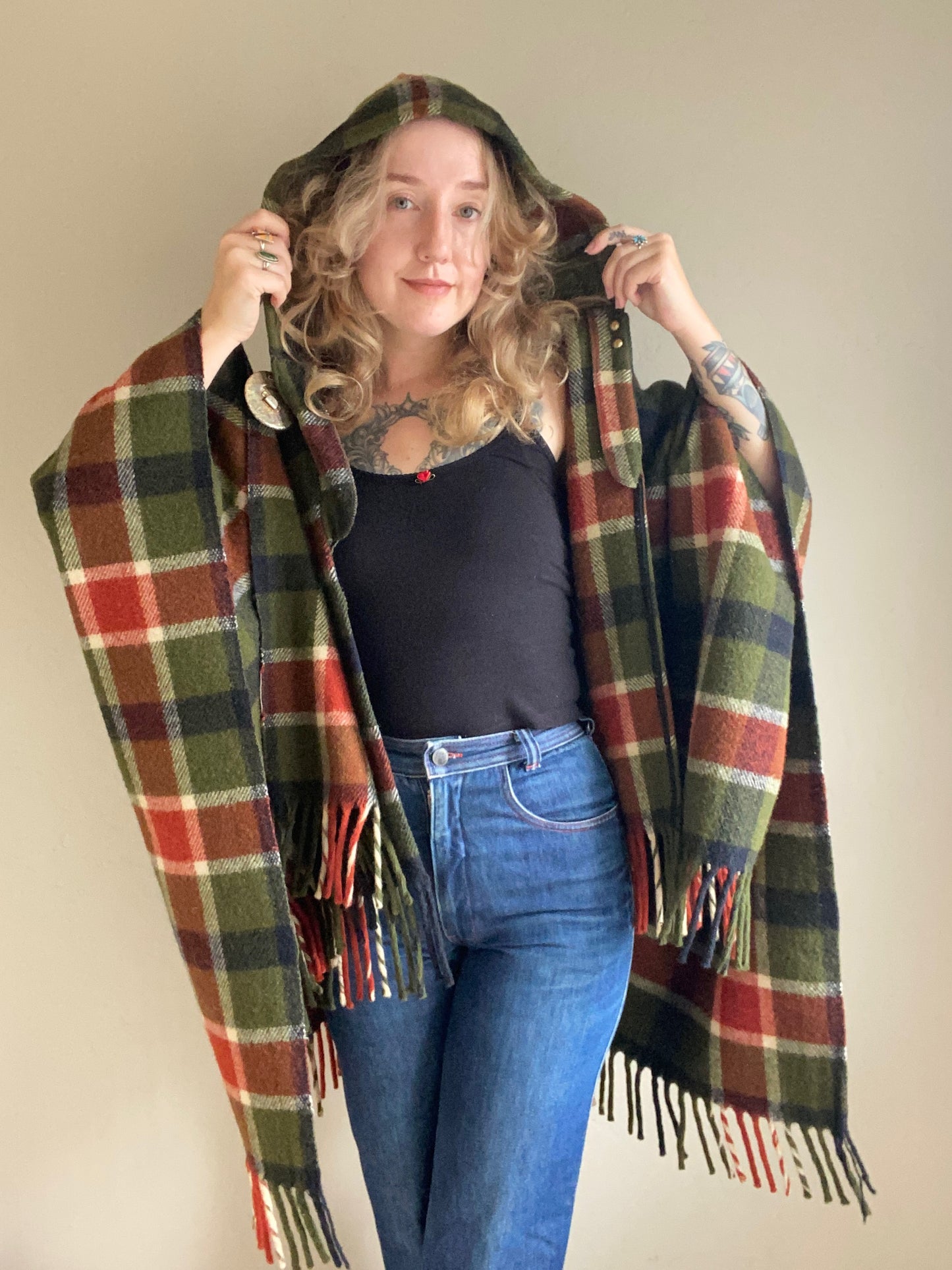 Vintage Wool Plaid Hooded Poncho