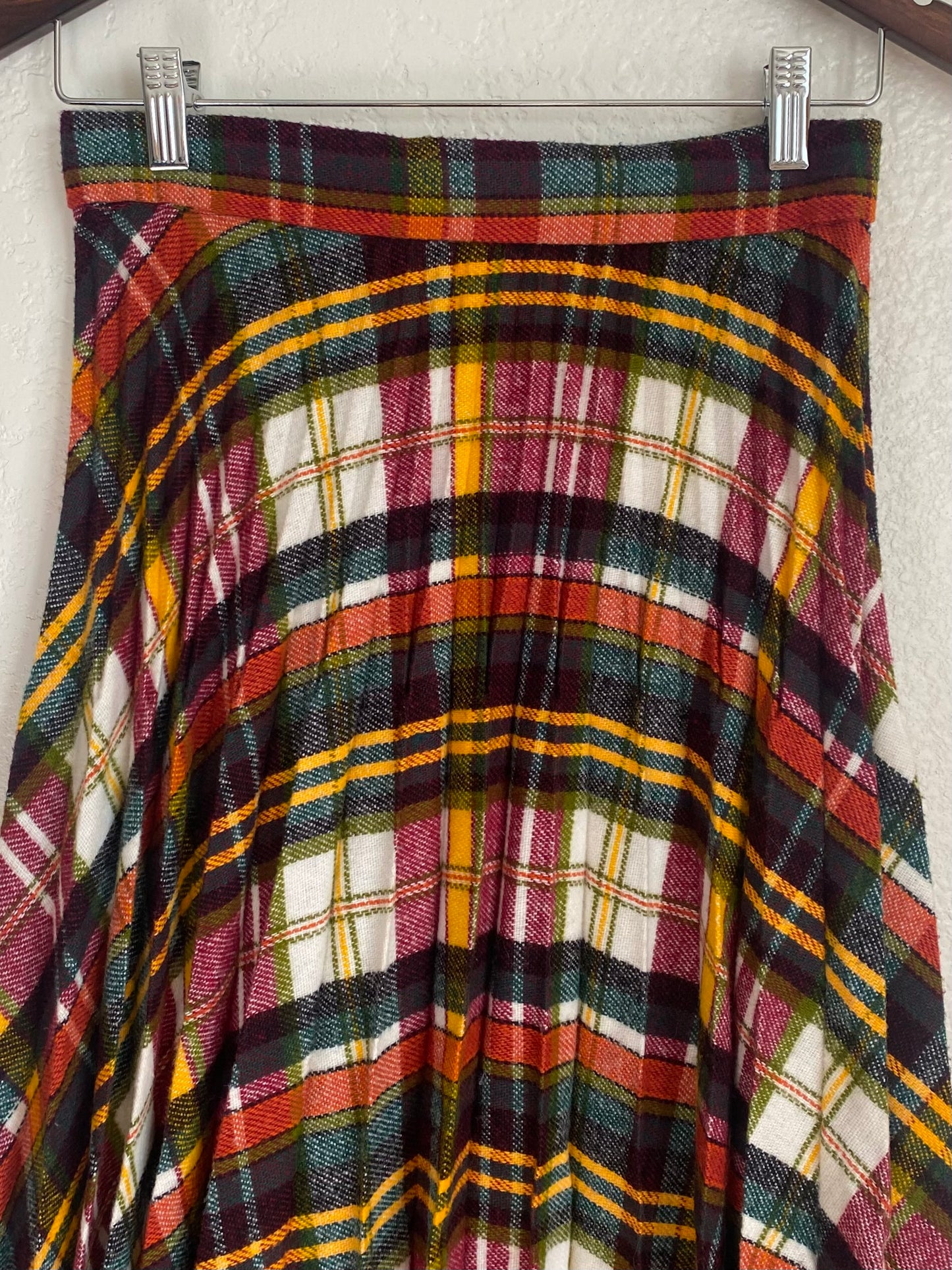 1970s Plaid Pleated Wool Maxi Skirt 27” waist