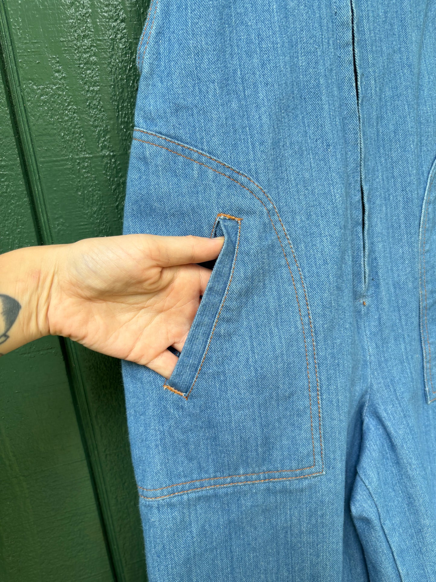 1970s Low Back Wide Leg Denim Jumpsuit by NLF  26x35 small Long