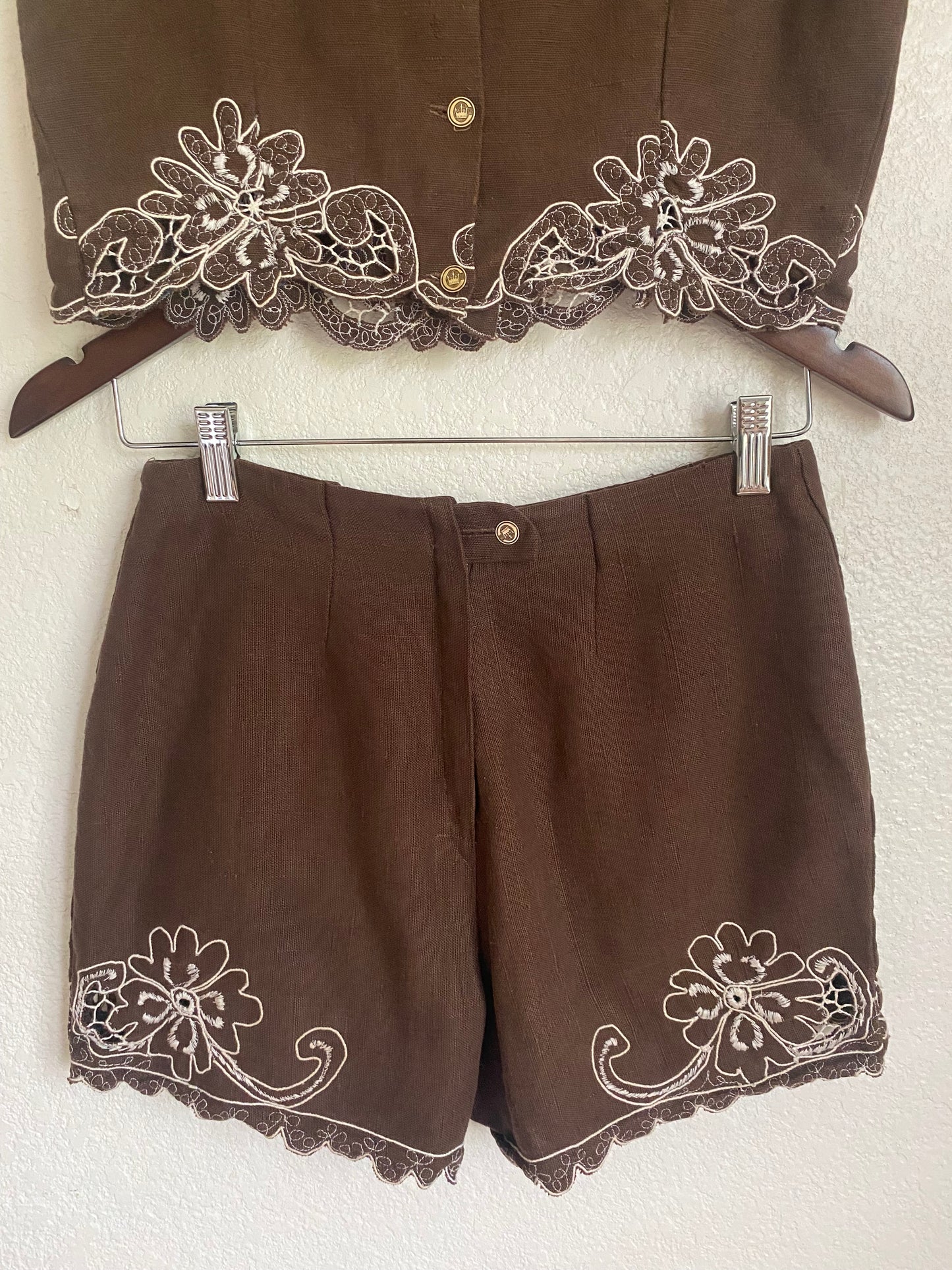 1950s or 1960s matching shorts set with floral embroidery