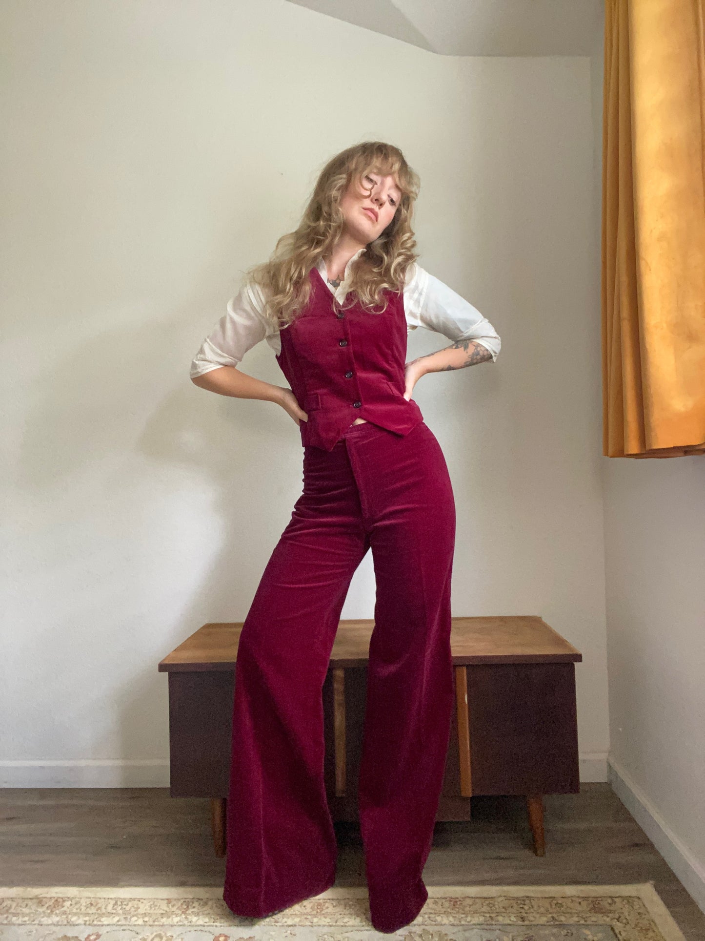 1970s Burgandy velvet 2 piece pants and vest suit set by SIR… for her