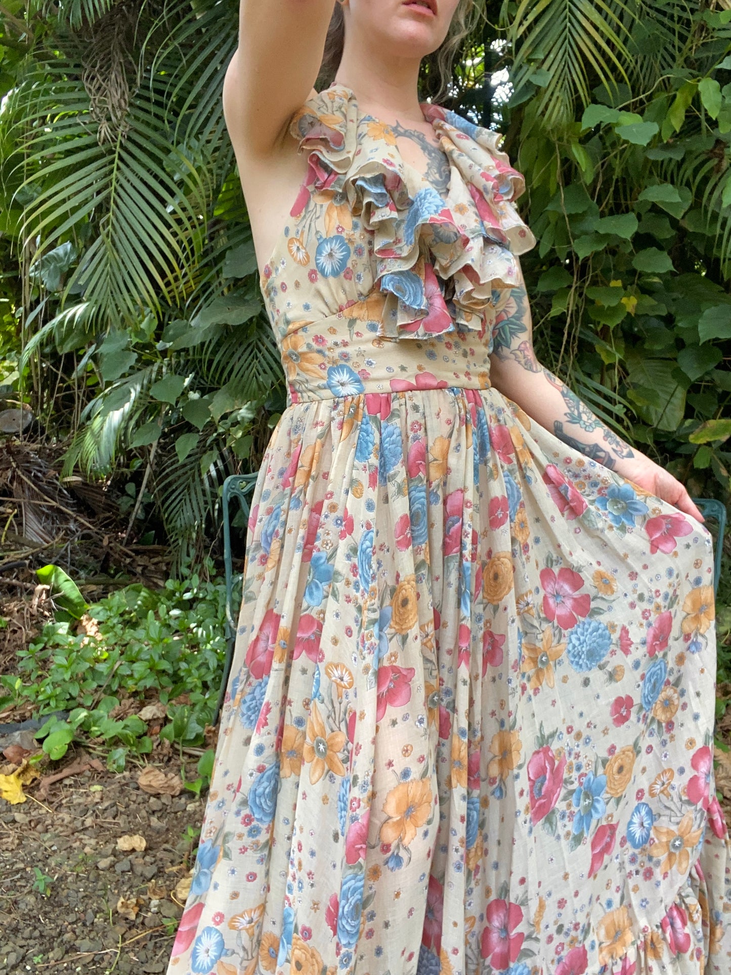 1970s ‘Denise Are There’ Floral Gauze Halter Dress