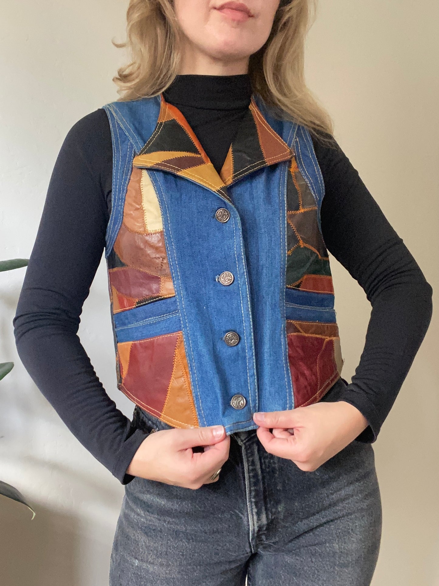 1970s Aura Patchwork Leather and Denim vest