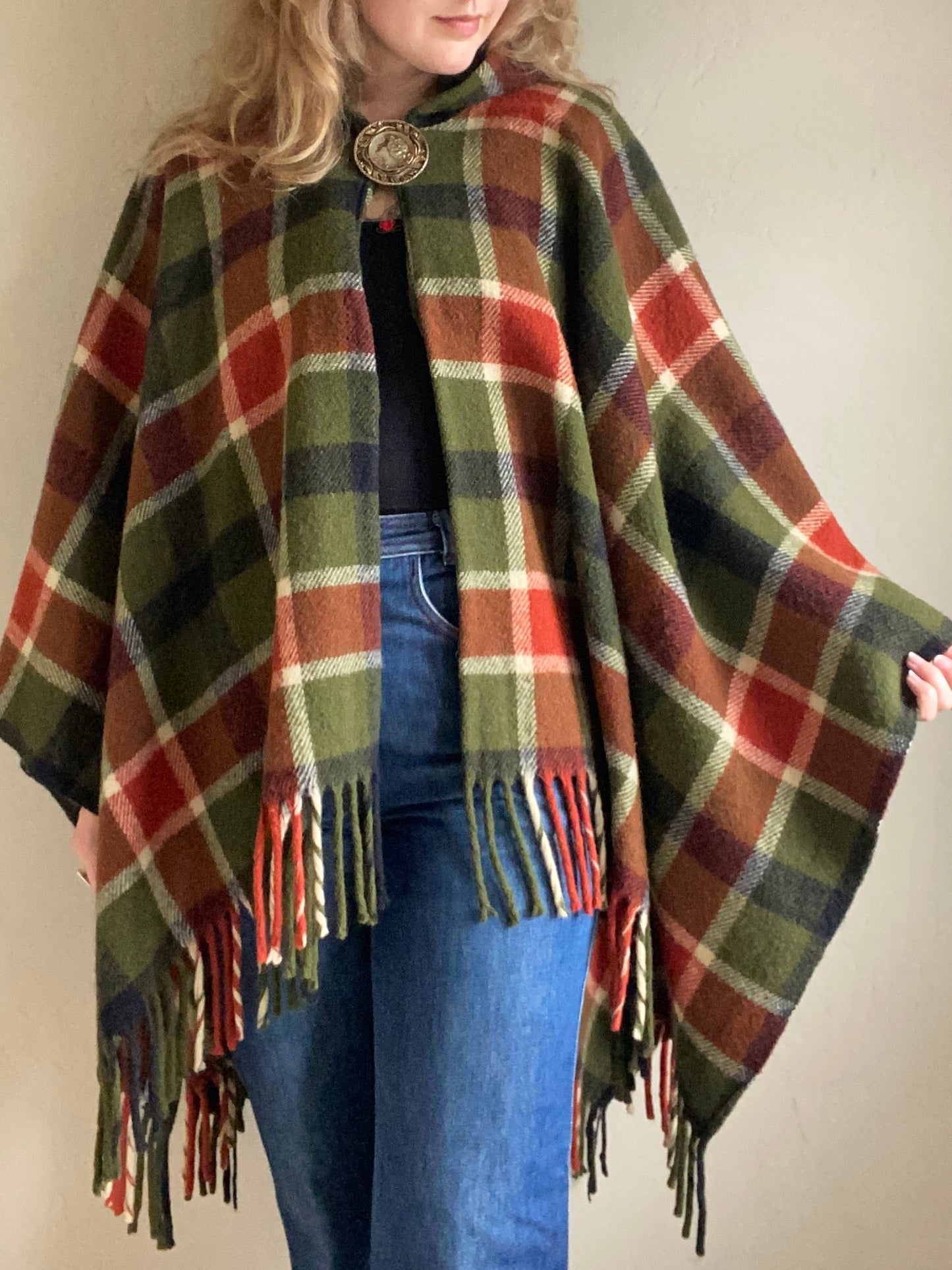 Vintage Wool Plaid Hooded Poncho