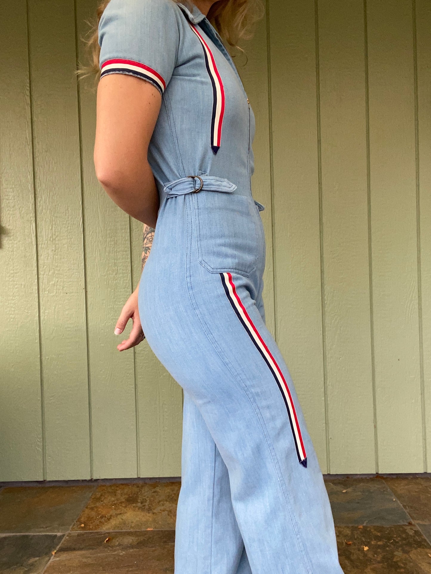 1970s Racing Stripe Denim Jumpsuit