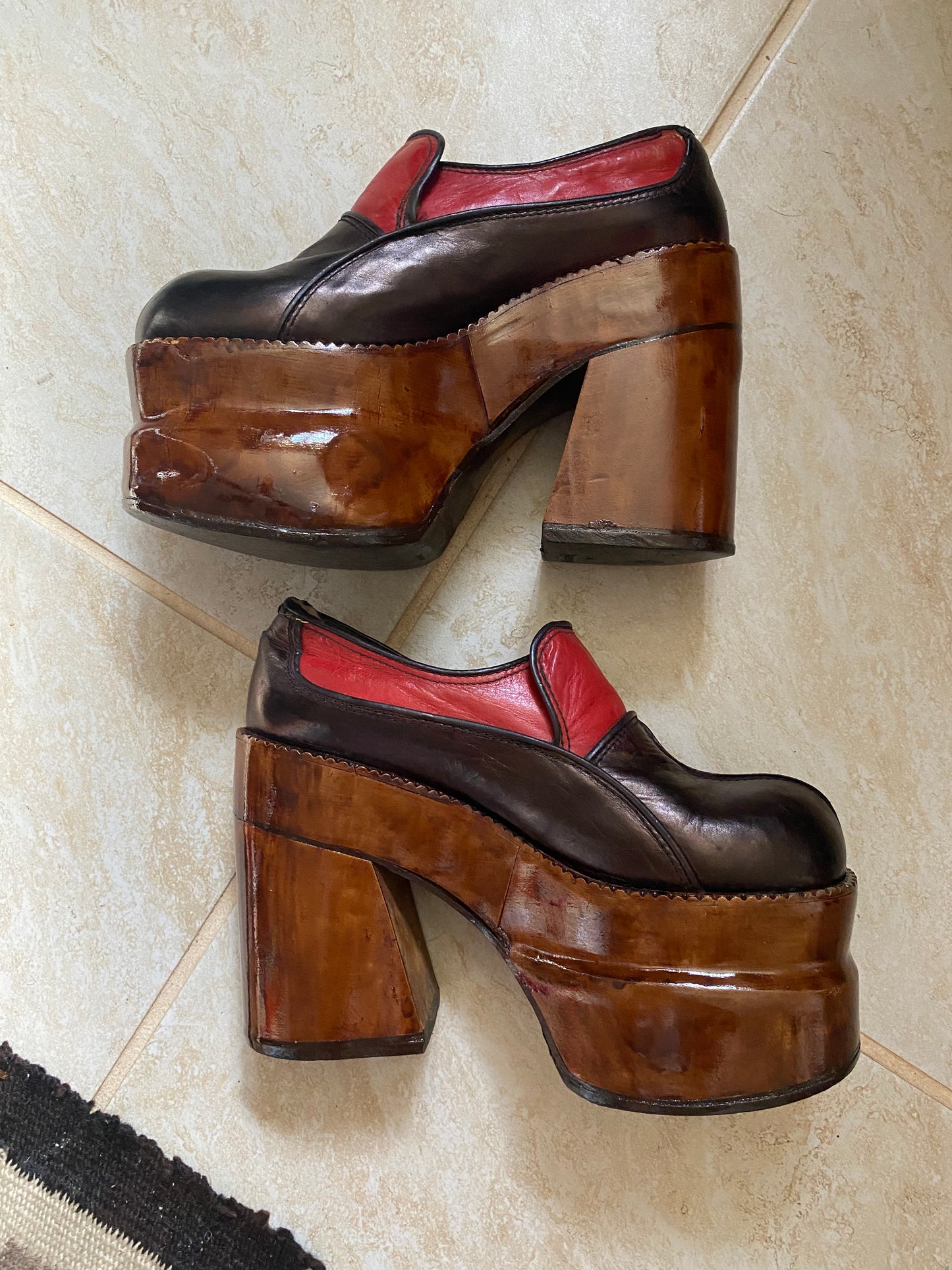 1970s Multicolor Leather Wooden Platform Shoes