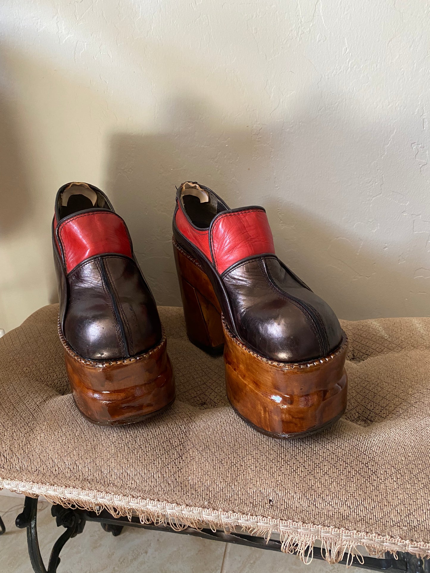 1970s Multicolor Leather Wooden Platform Shoes