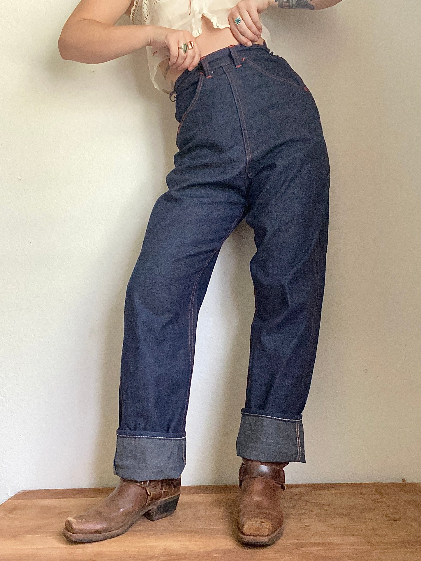 1950s Blue Gem Deadstock side zip jeans 24 x 31