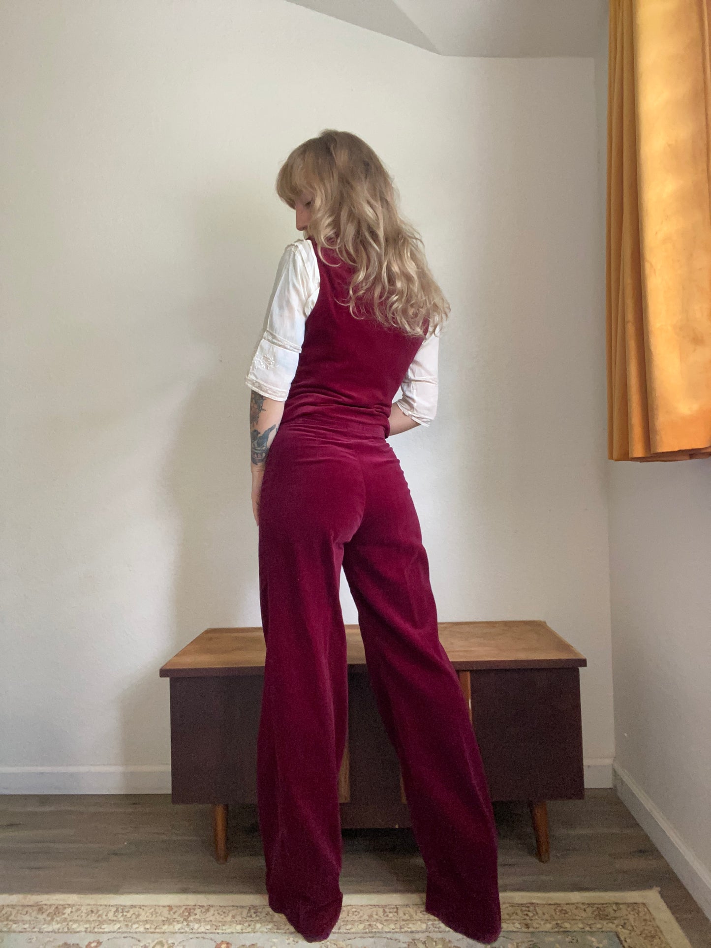 1970s Burgandy velvet 2 piece pants and vest suit set by SIR… for her