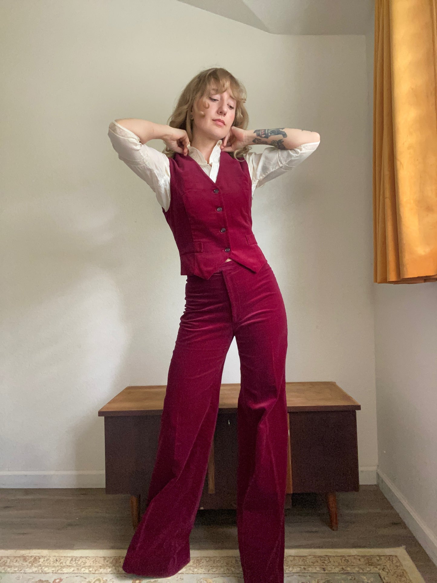 1970s Burgandy velvet 2 piece pants and vest suit set by SIR… for her