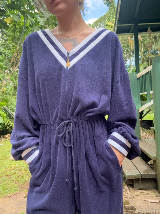 1980s Nautical Christian Dior Terry Cloth Jumpsuit Navy Large