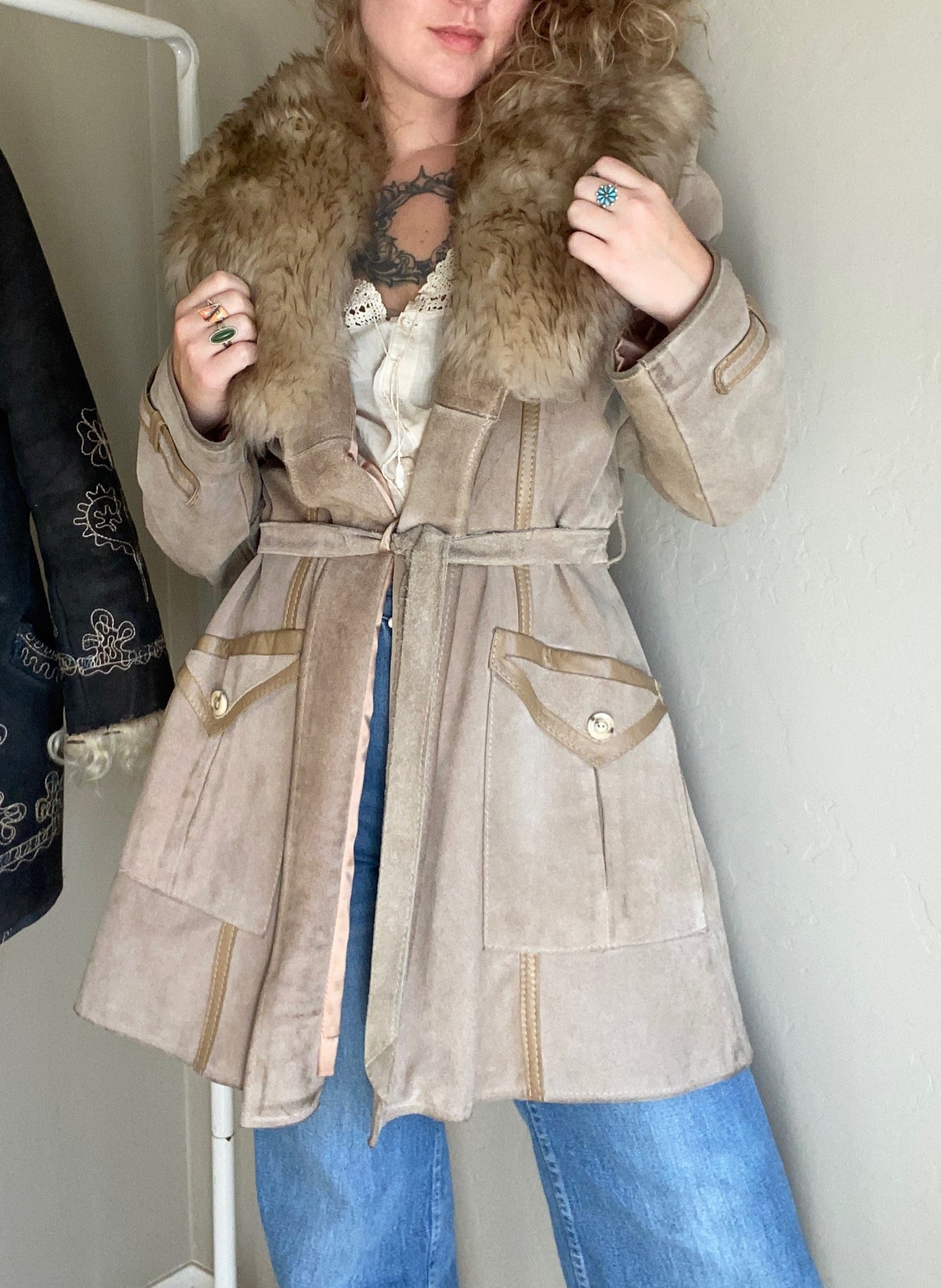 1970s Suede Leather Penny Lane Coat with Shearling Lamb Collar