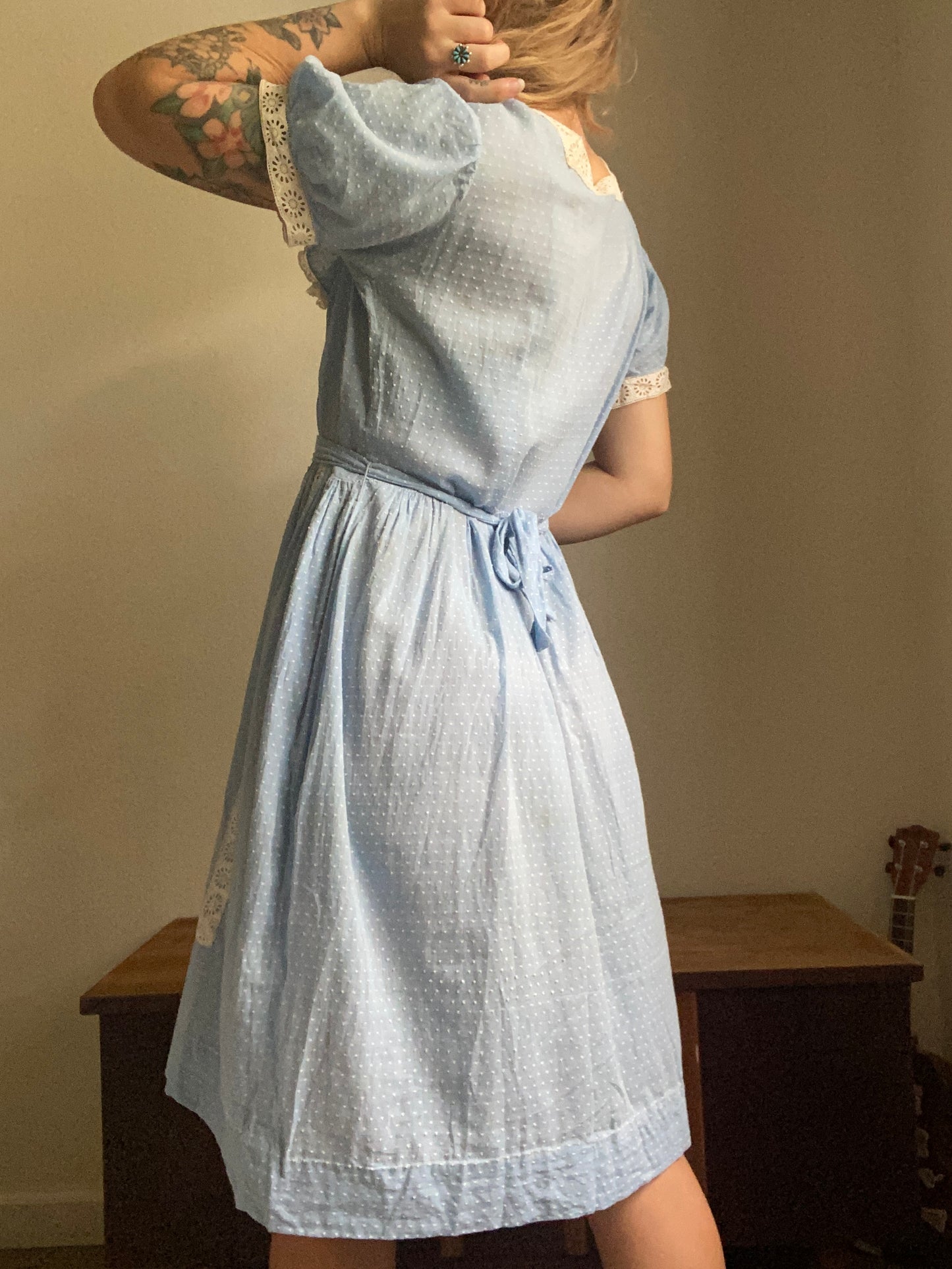 1930s / 1940s Blue Swiss dot embroidered cotton day dress