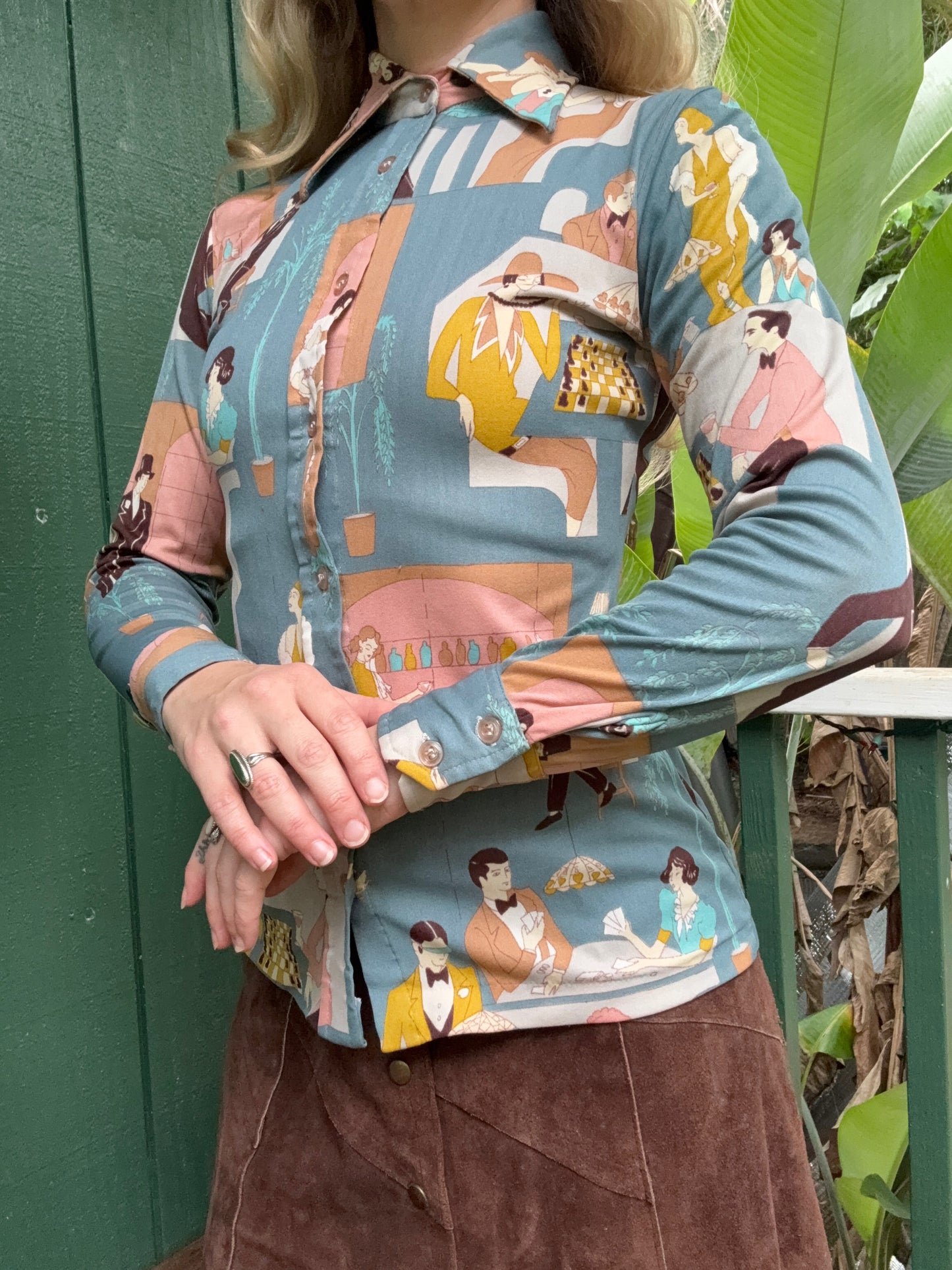 1970s Nylon Bar Scene Novelty Button up blouse Small