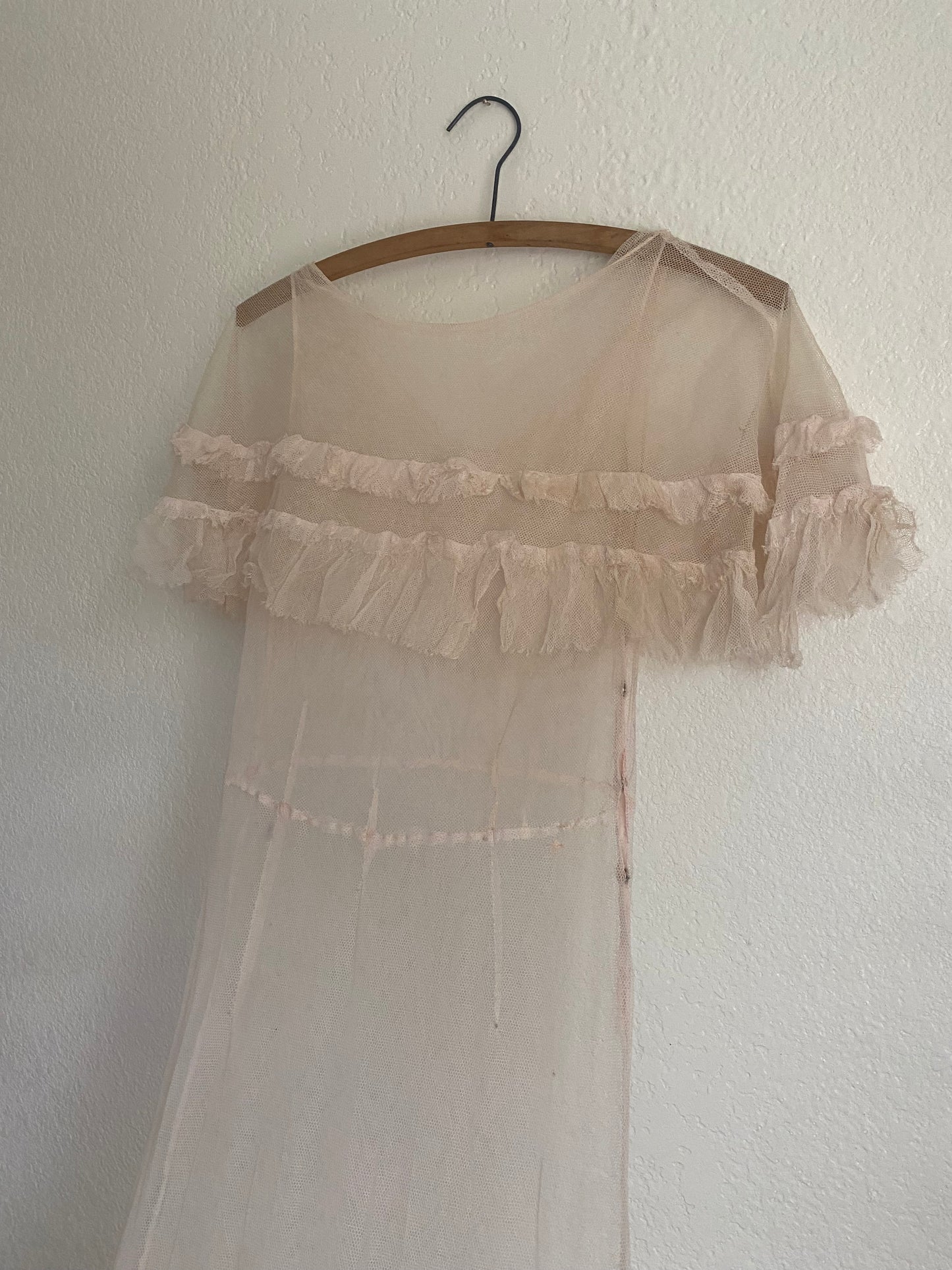 1930s Antique sheer pink net ruffle dress