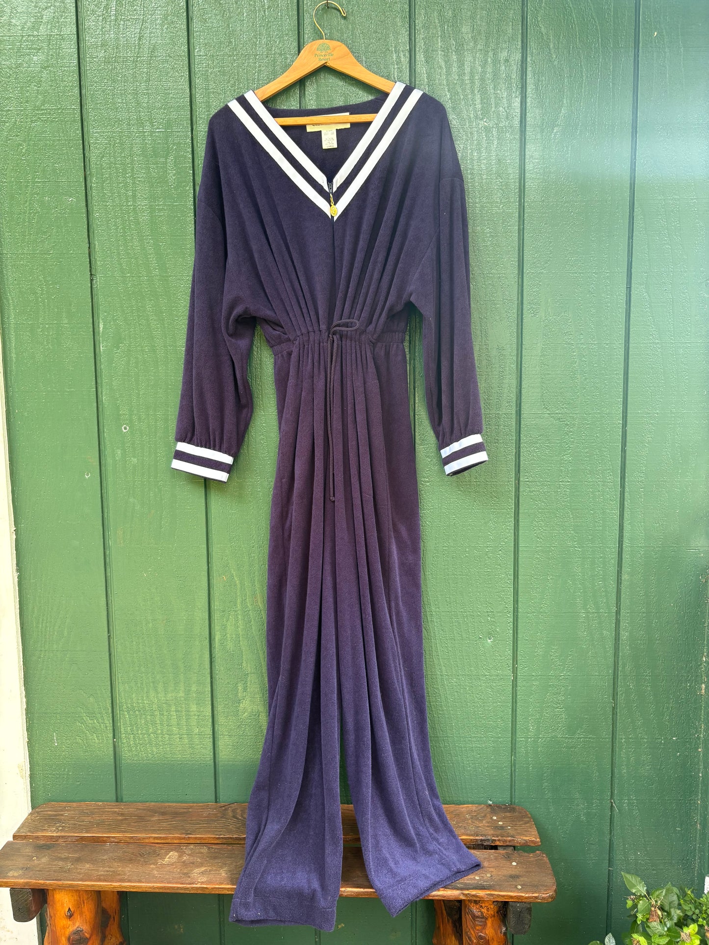 1980s Nautical Christian Dior Terry Cloth Jumpsuit Navy Large