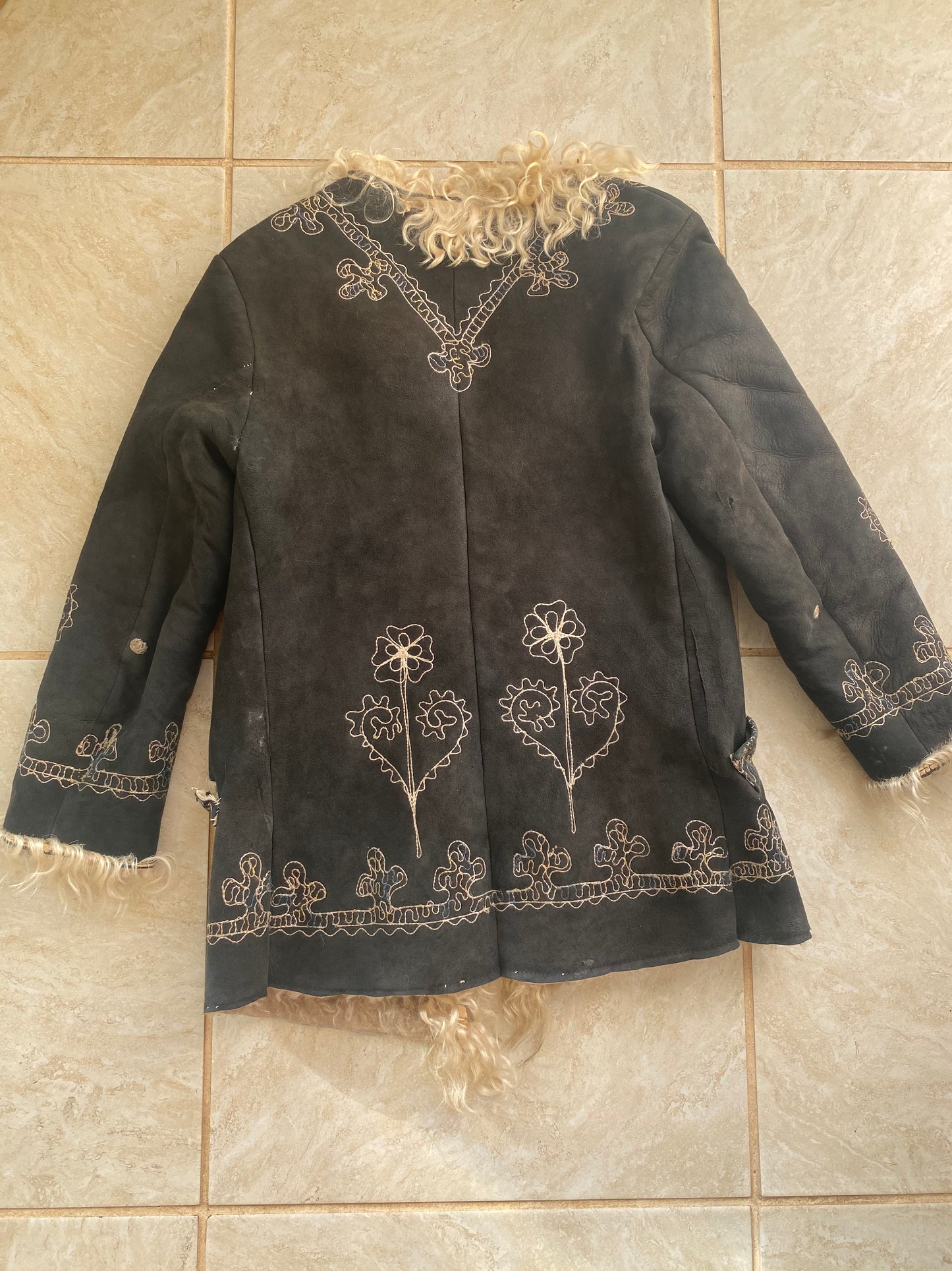 1960s 1970s Black Embroidered Afghan Coat Mongolian Curly Lamb