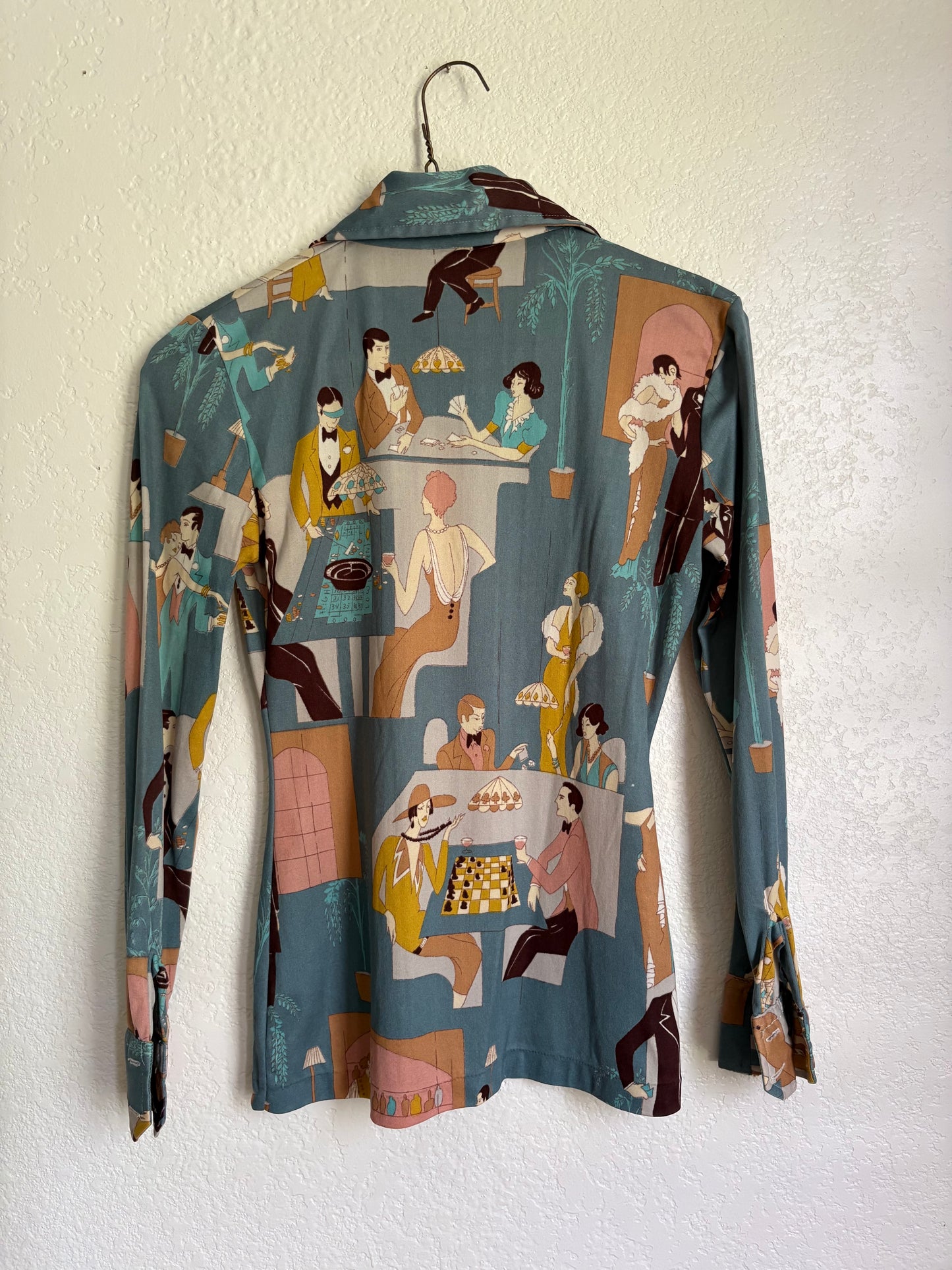 1970s Nylon Bar Scene Novelty Button up blouse Small