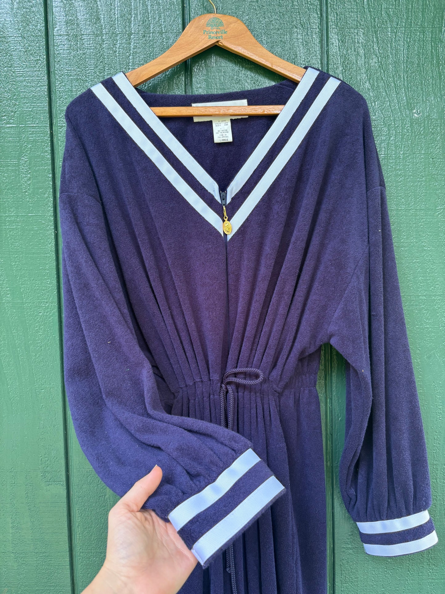 1980s Nautical Christian Dior Terry Cloth Jumpsuit Navy Large