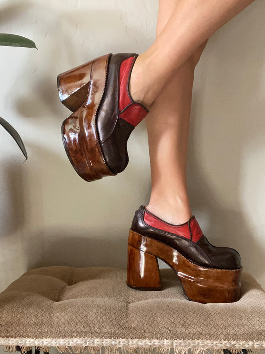 1970s Multicolor Leather Wooden Platform Shoes