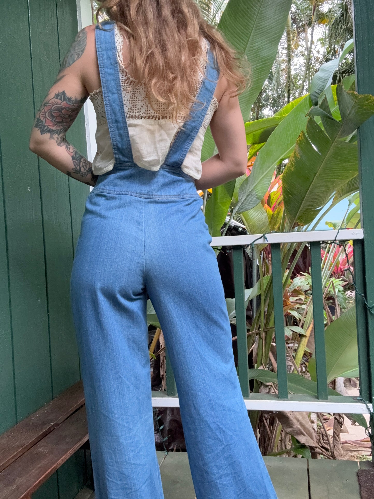 1970s Low Back Wide Leg Denim Jumpsuit by NLF  26x35 small Long