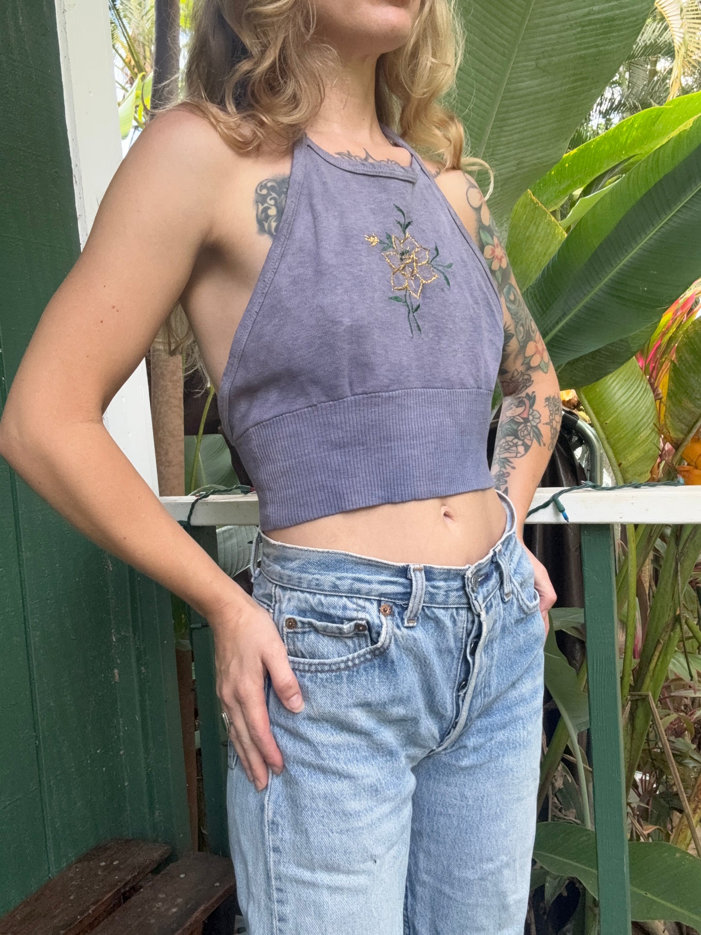 1970s flower embroidery cotton halter top