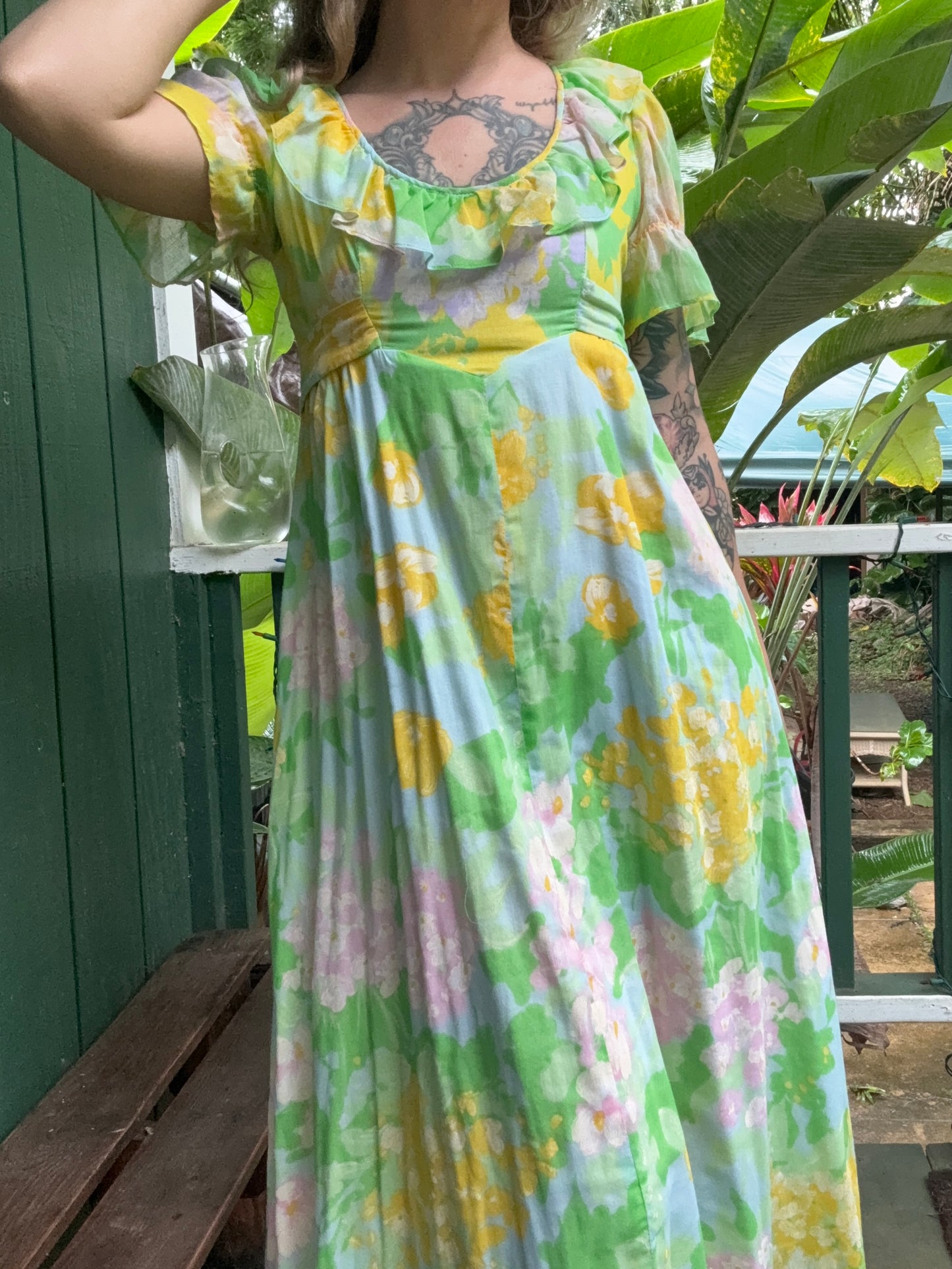 1970s Spring Floral Cotton floor-length Prairie Dress XS/Small