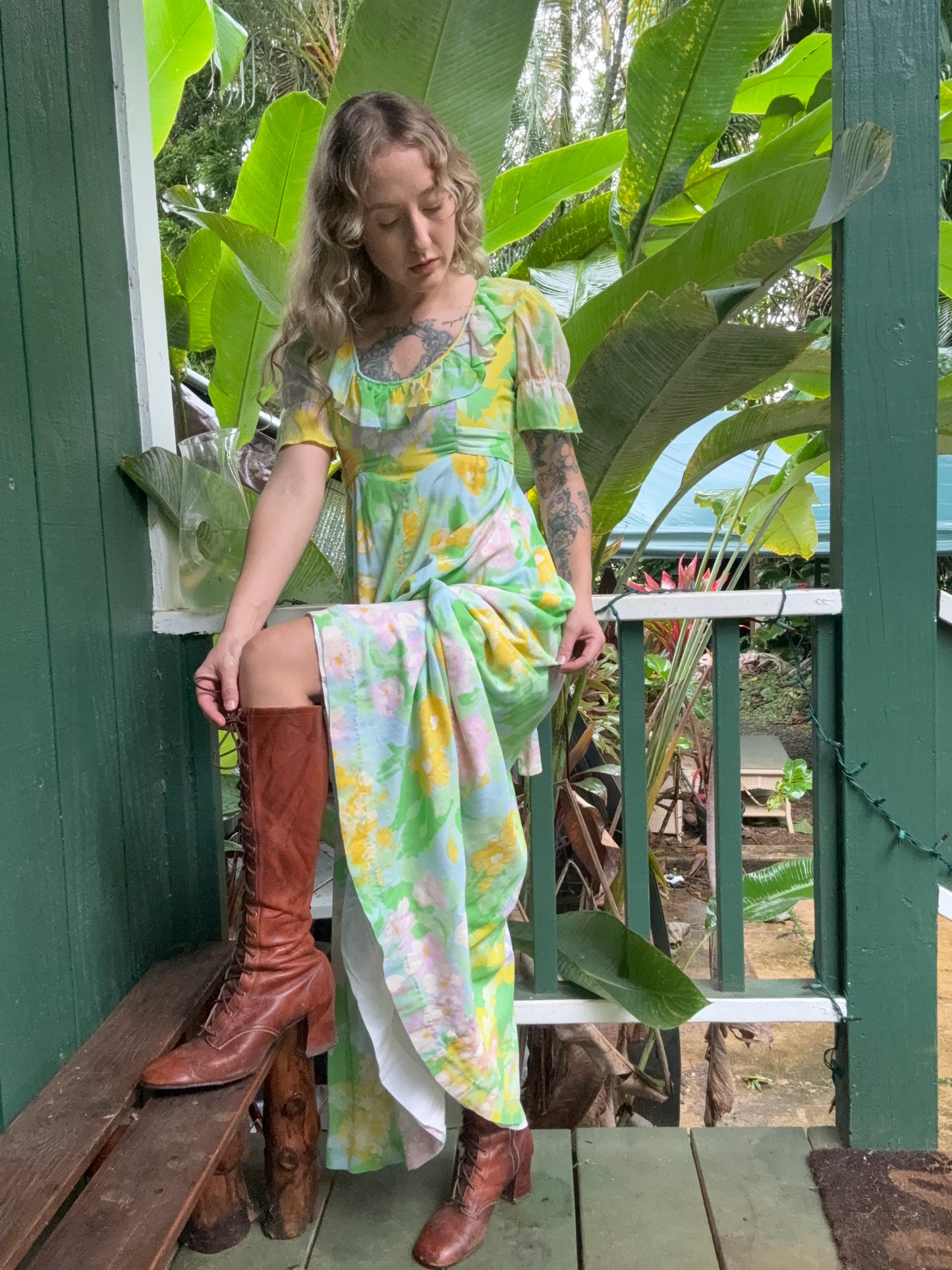 1970s Spring Floral Cotton floor-length Prairie Dress XS/Small