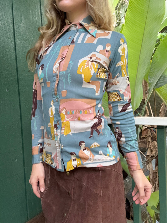 1970s Nylon Bar Scene Novelty Button up blouse Small