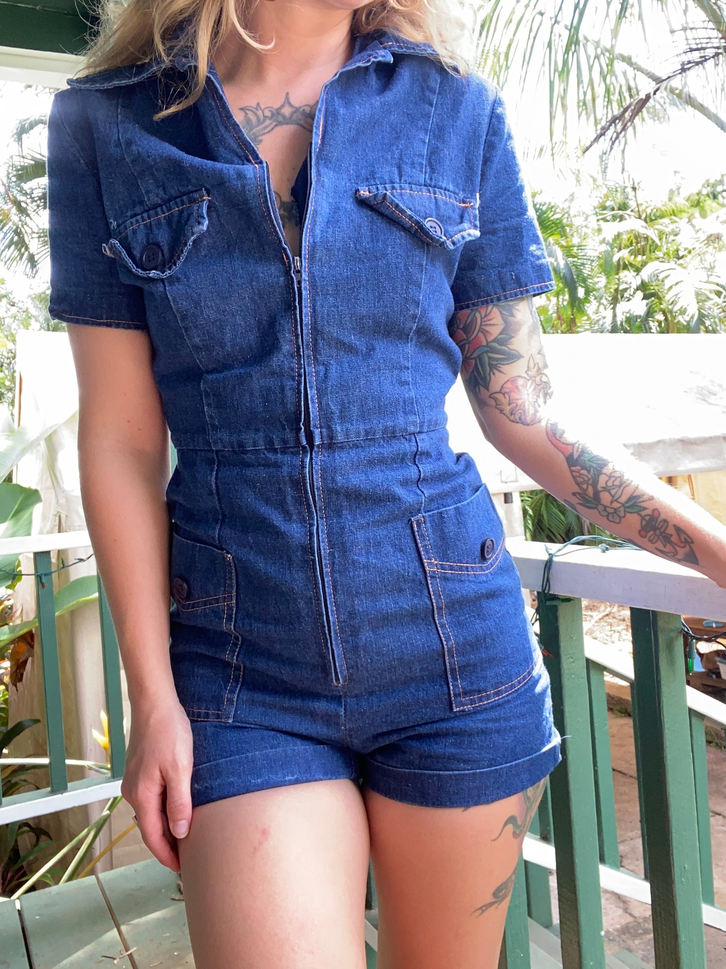 1970s Happy Legs denim shorts romper jumpsuit