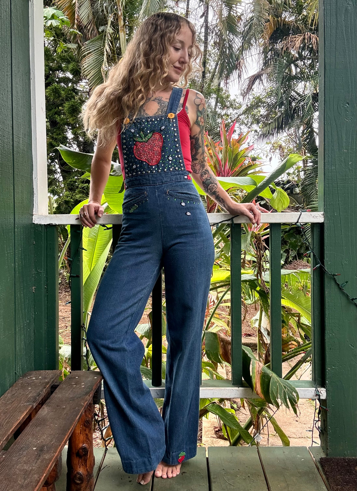 1970s Studded and Multi Patch Landlubber Denim Jumpsuit 25” w