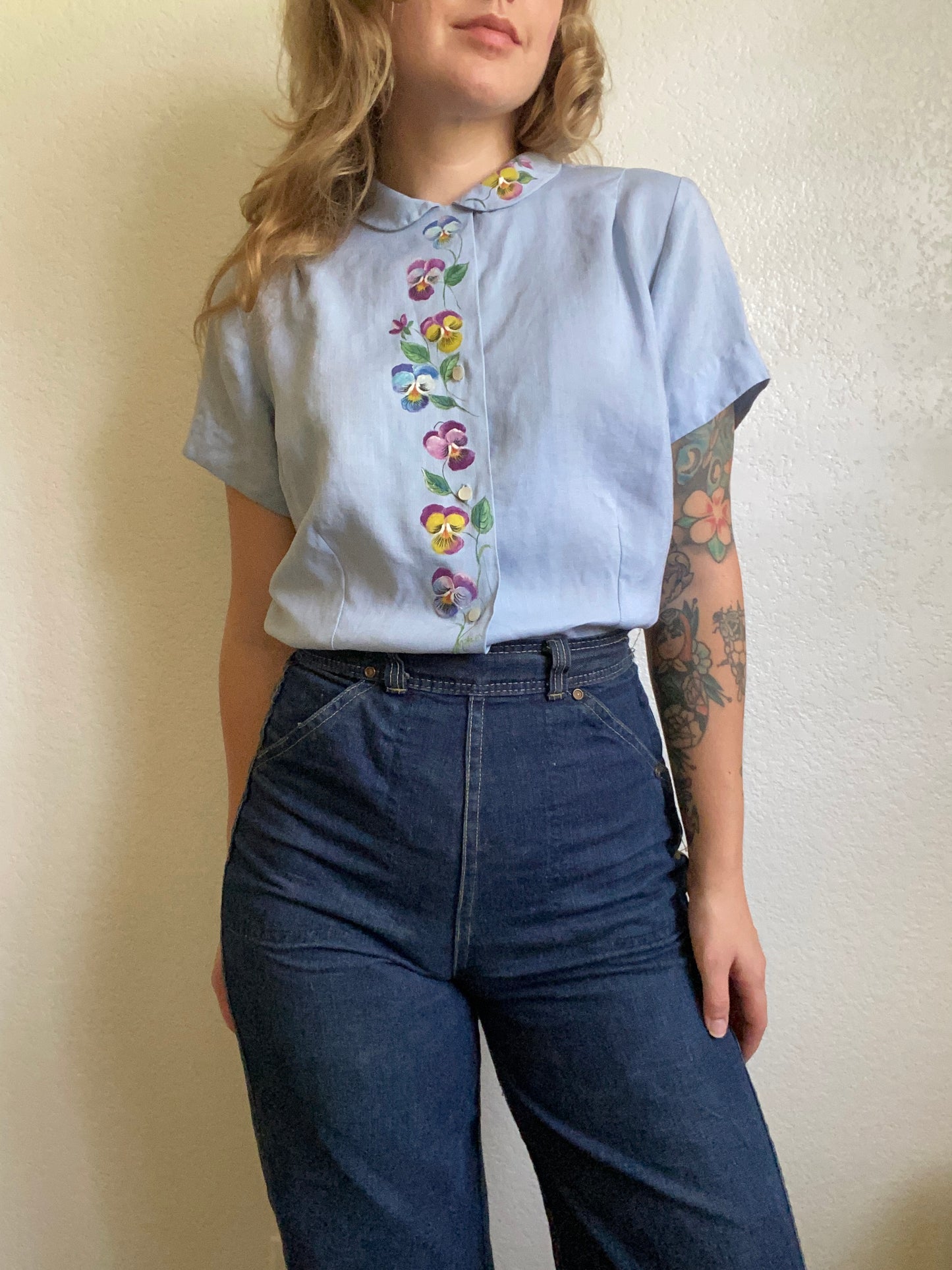 1940s Irish Linen Hand Painted Floral Blouse