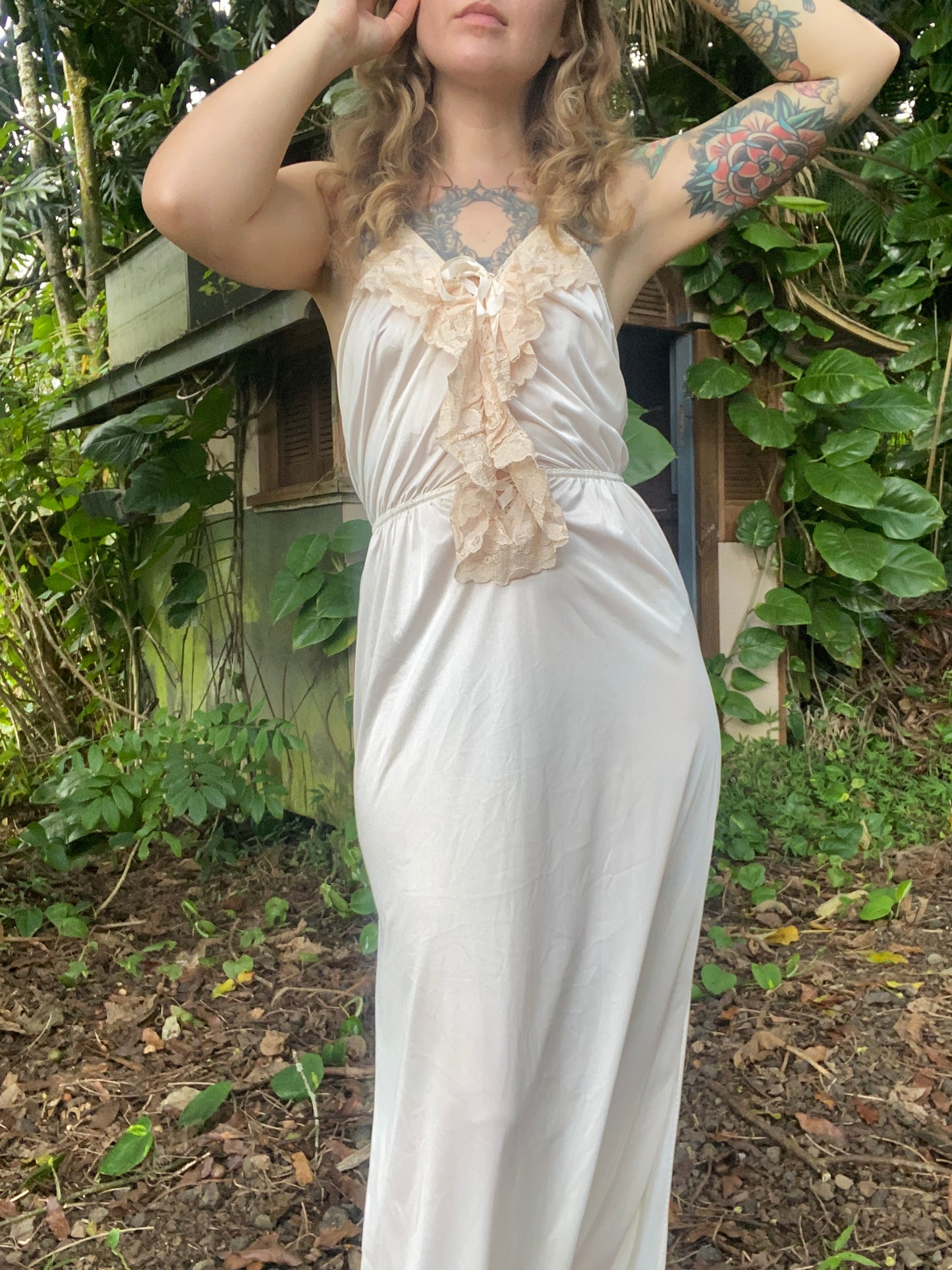 1970s Flair Low Back Ivory Nightgown