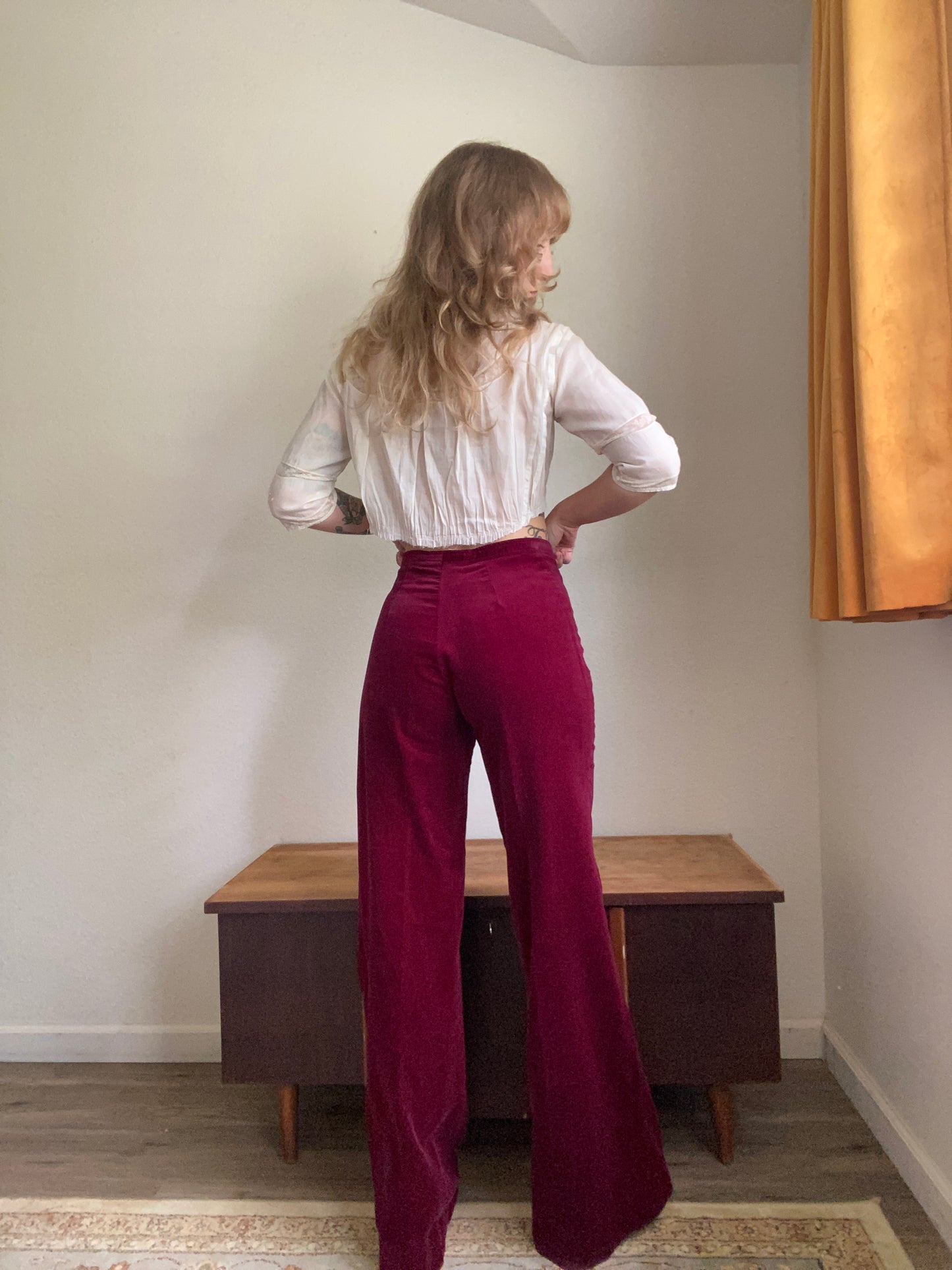 1970s Burgandy velvet 2 piece pants and vest suit set by SIR… for her