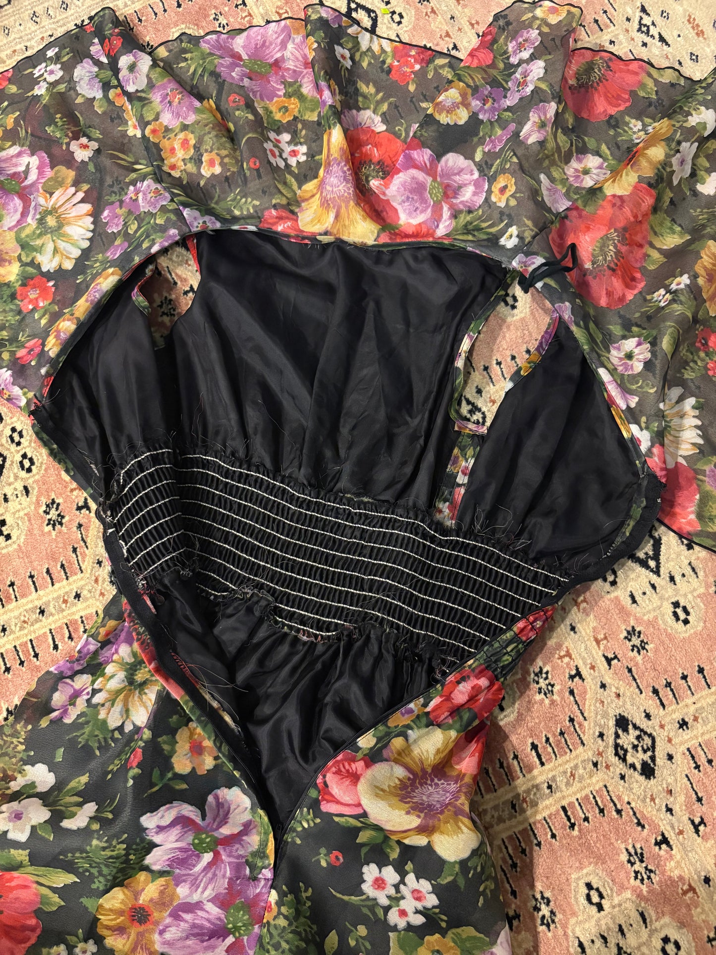 1970s Poppy Floral Print Shawl Maxi Dress Small Long