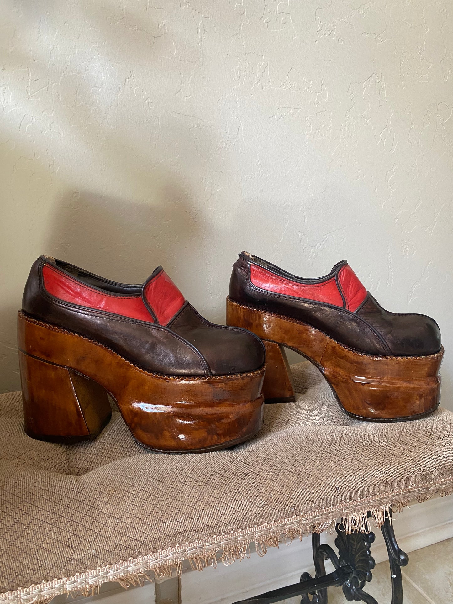 1970s Multicolor Leather Wooden Platform Shoes