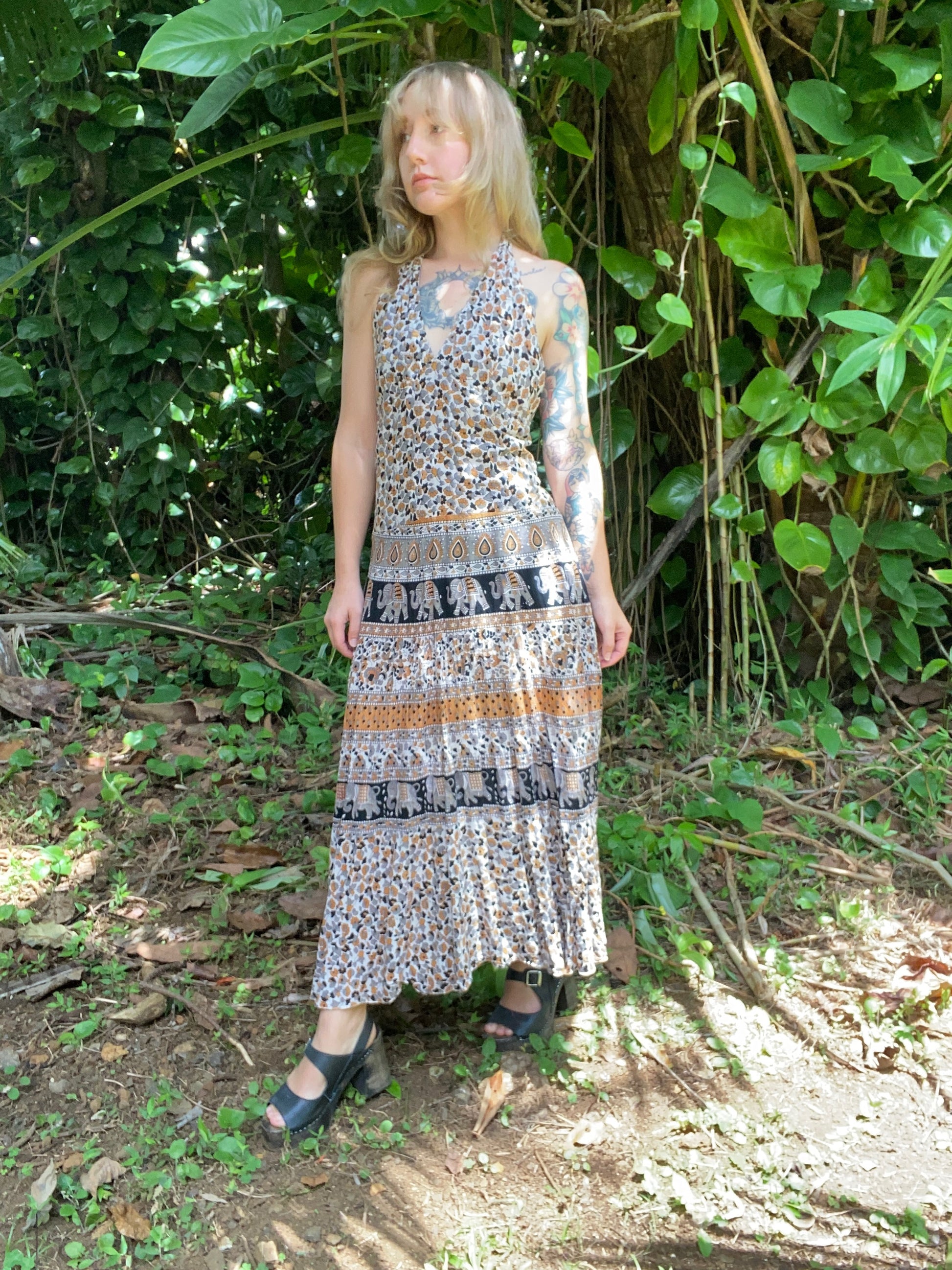 Vintage Indian Gauze Cotton floral backless dress Fringe Fox Vintage Vintage Indian Gauze Cotton floral backless dress Fringe Fox Vintage