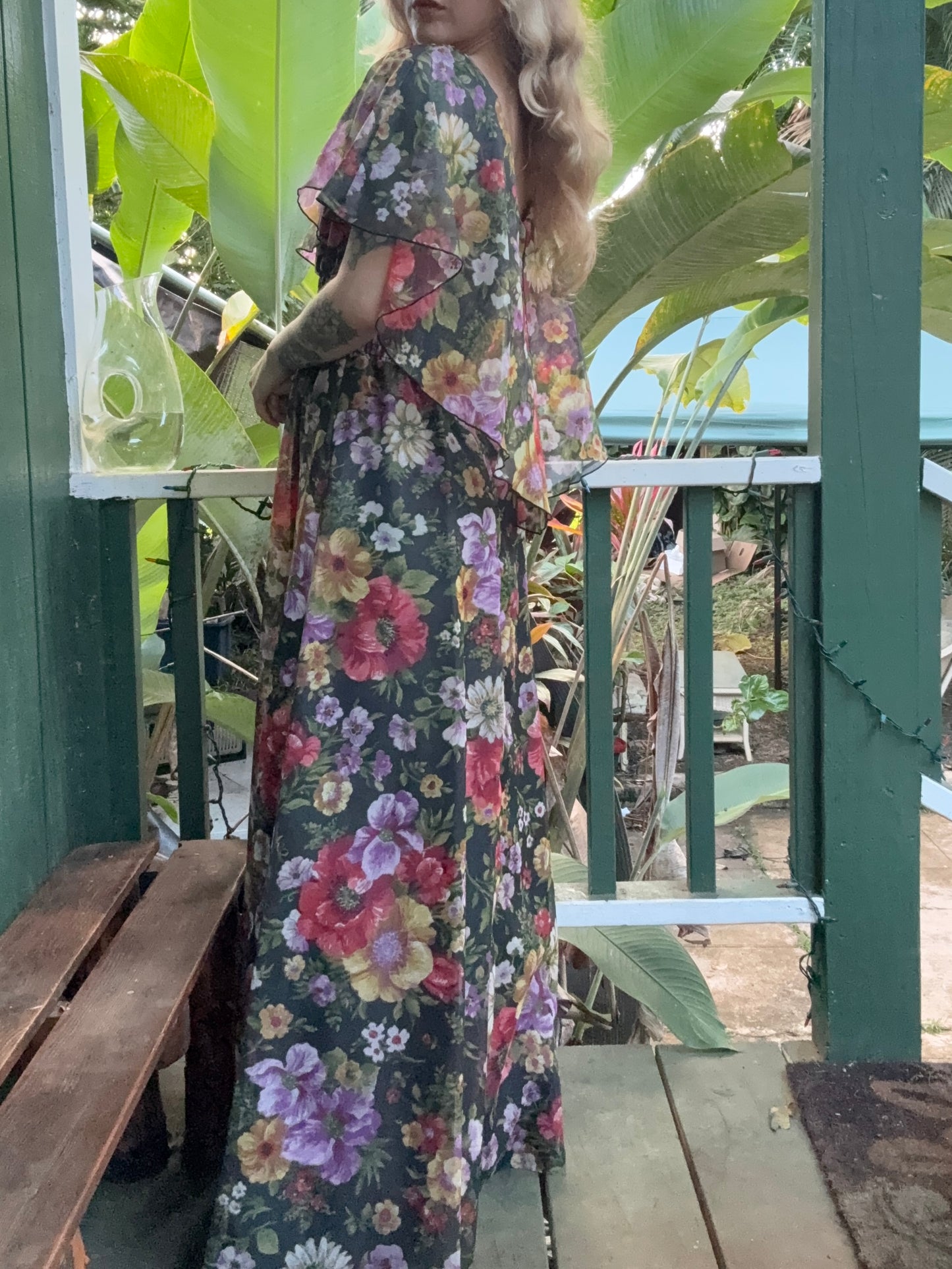 1970s Poppy Floral Print Shawl Maxi Dress Small Long