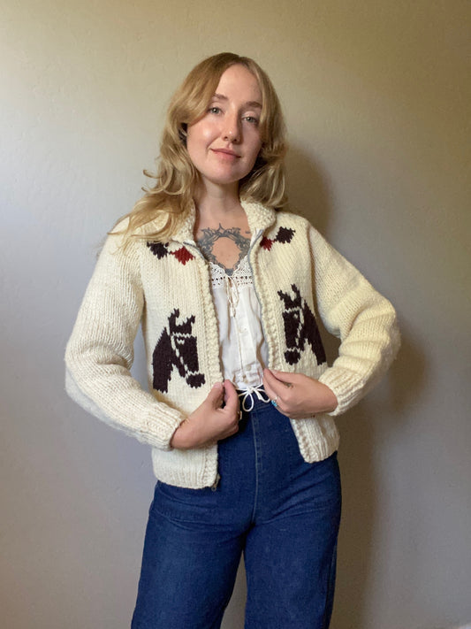 60s/70s Hand Knit Horse Shawl Sweater