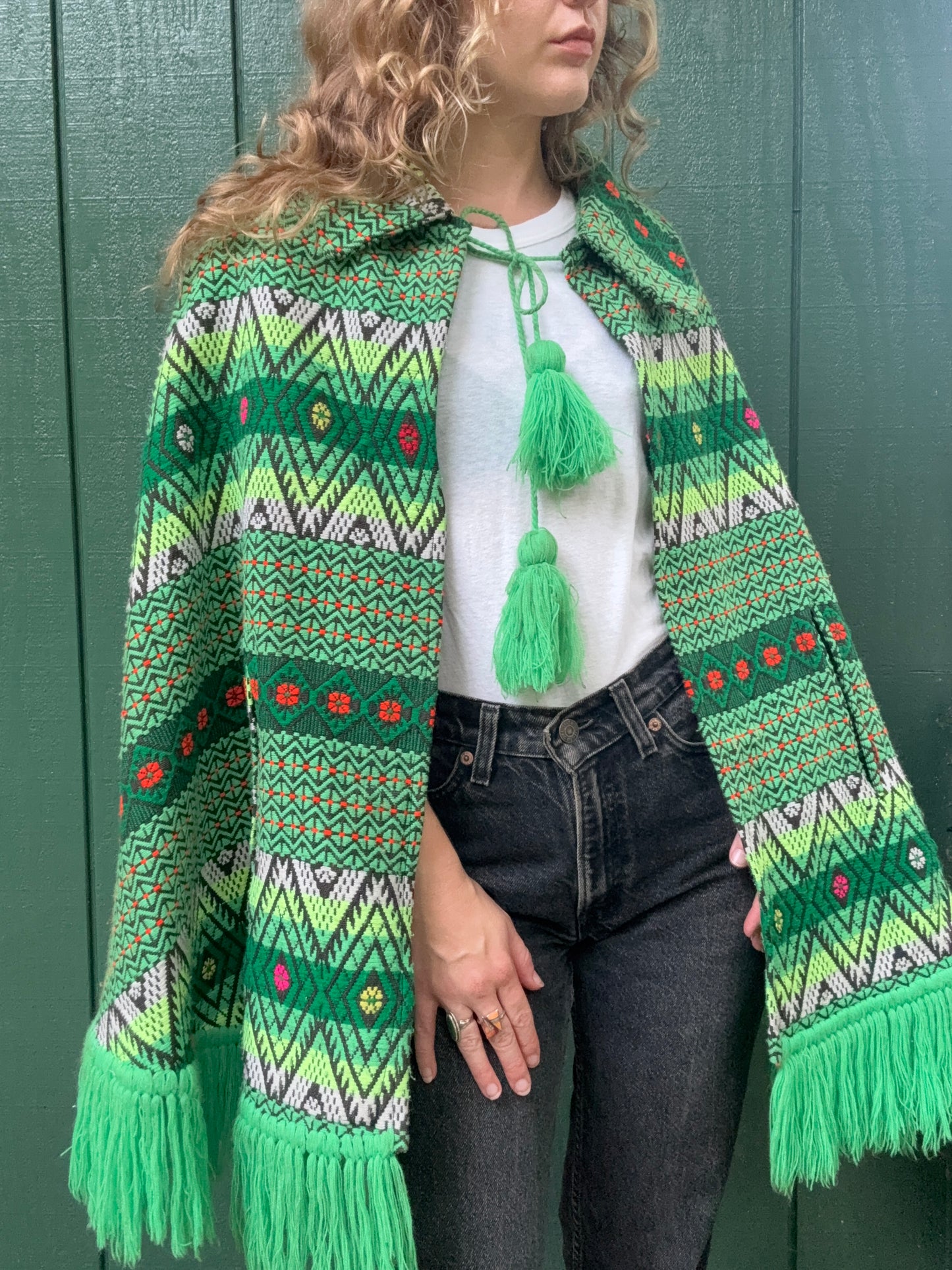 1960s or 1970s Woven Fringe Tapestry Cape Poncho