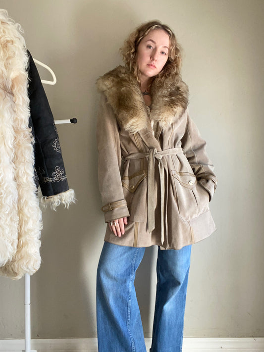 1970s Suede Leather Penny Lane Coat with Shearling Lamb Collar